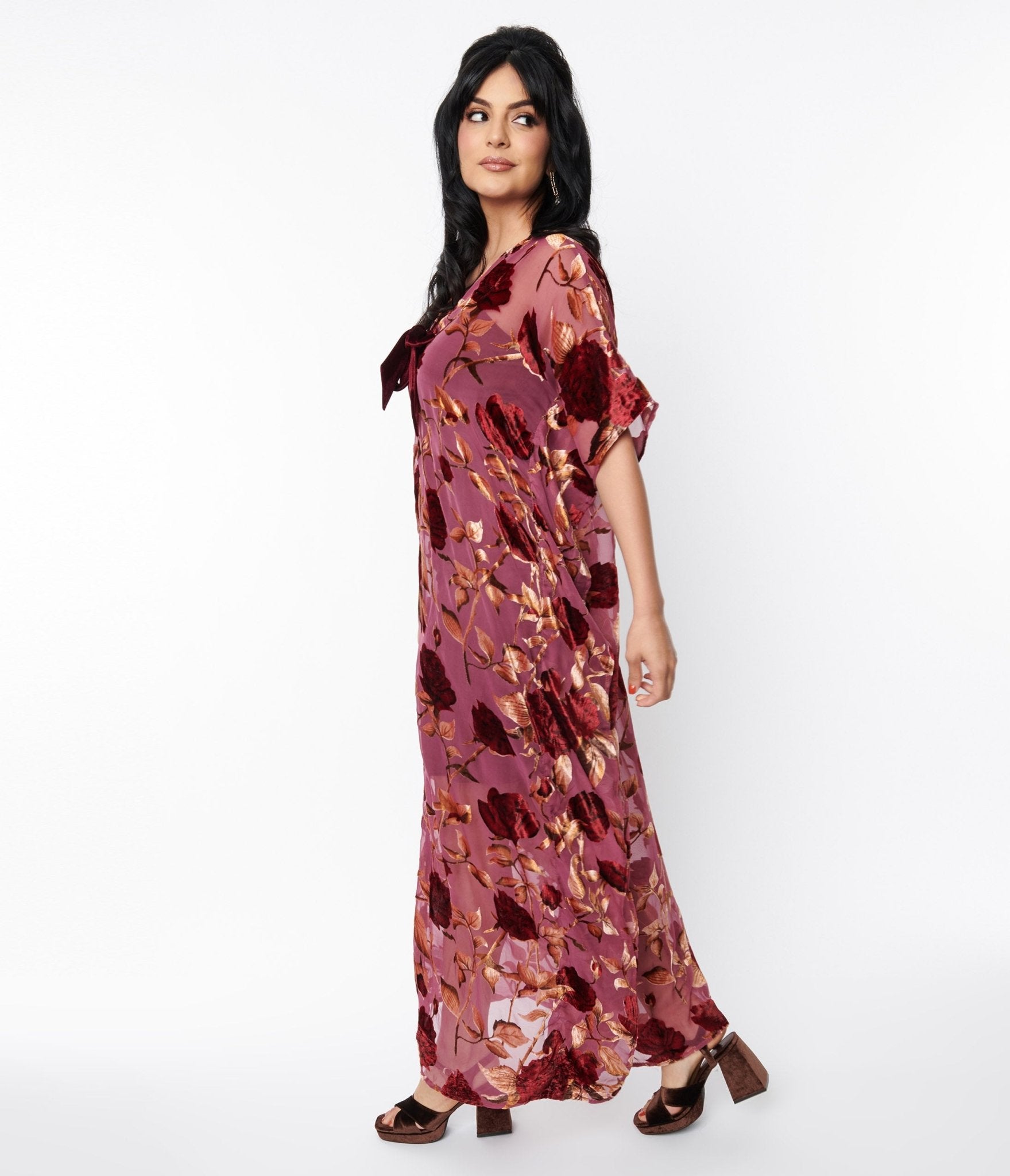  Unique Vintage Sheer Red Rose Velvet Burnout Bow Front Caftan