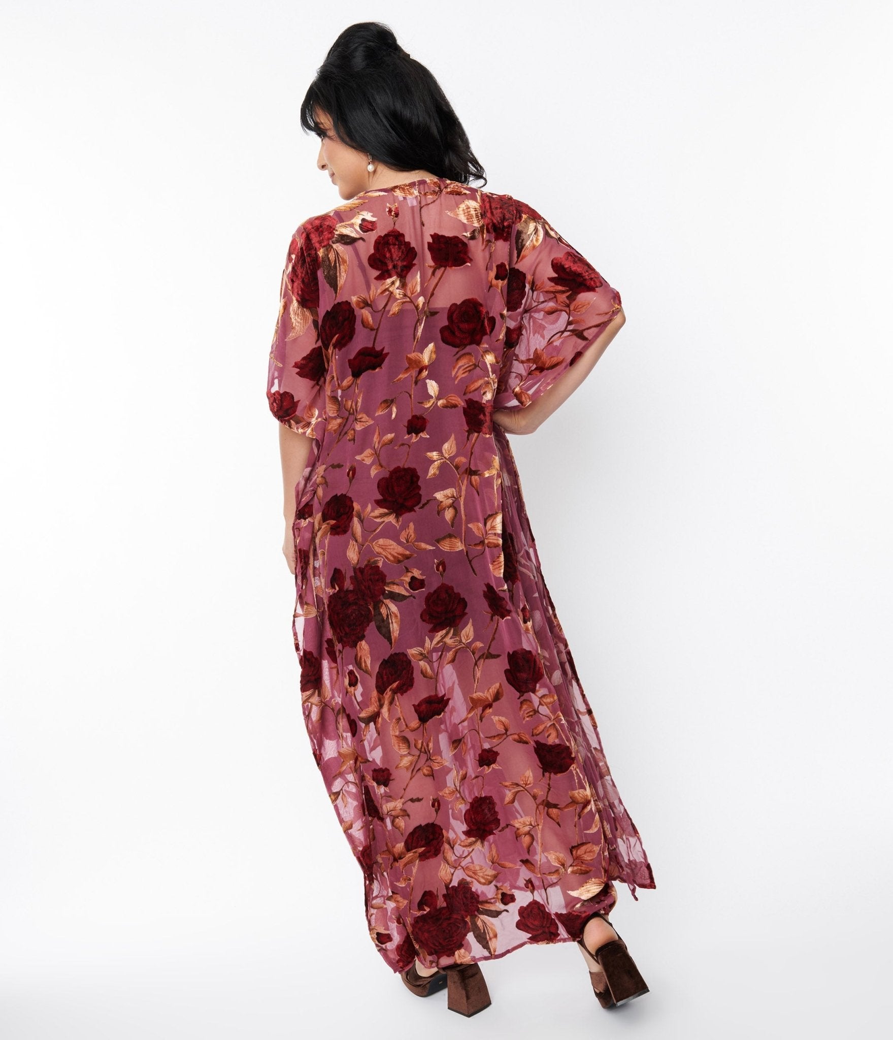  Unique Vintage Sheer Red Rose Velvet Burnout Bow Front Caftan