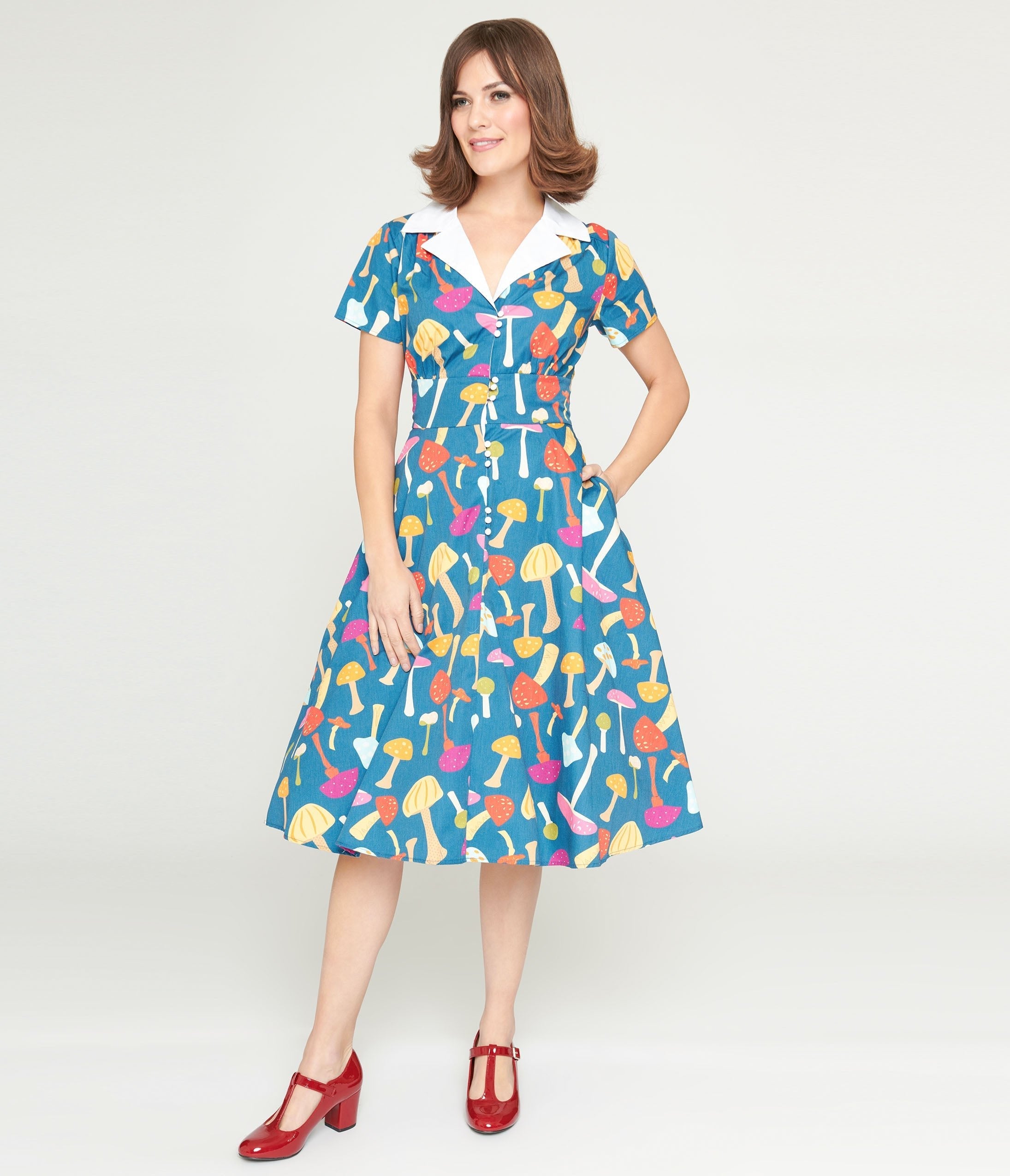  Unique Vintage Teal & Multicolor Mushroom Swing Dress