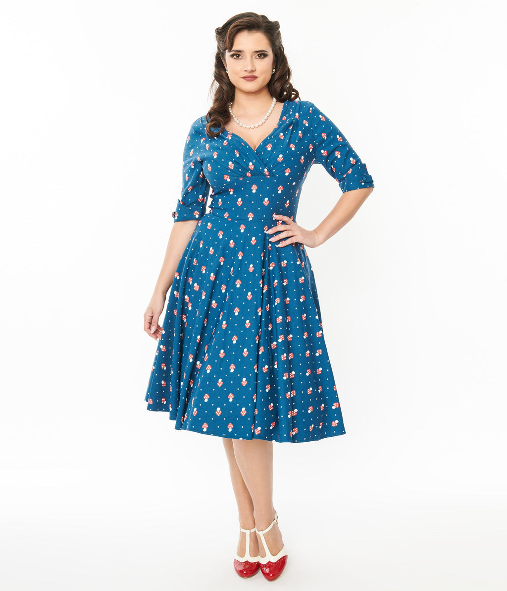  Unique Vintage Teal Mushroom Stamp Delores Swing Dress
