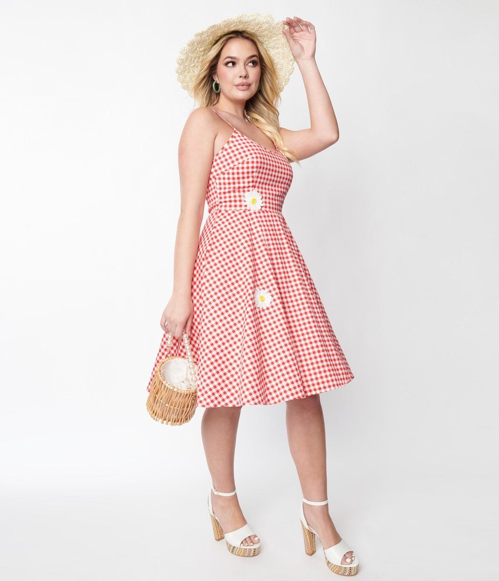  Voodoo Vixen 1950s Style Red & White Gingham Daisy Dolly Swing Dress
