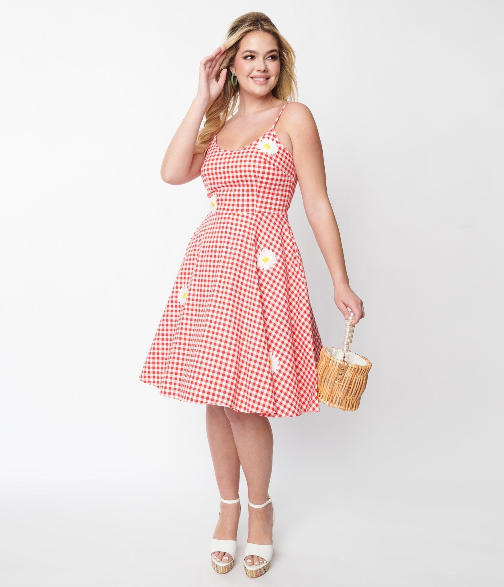  Voodoo Vixen 1950s Style Red & White Gingham Daisy Dolly Swing Dress