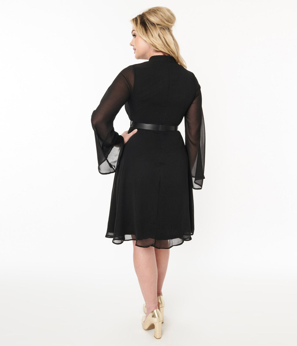  Voodoo Vixen Black Chiffon Belted Flare Dress