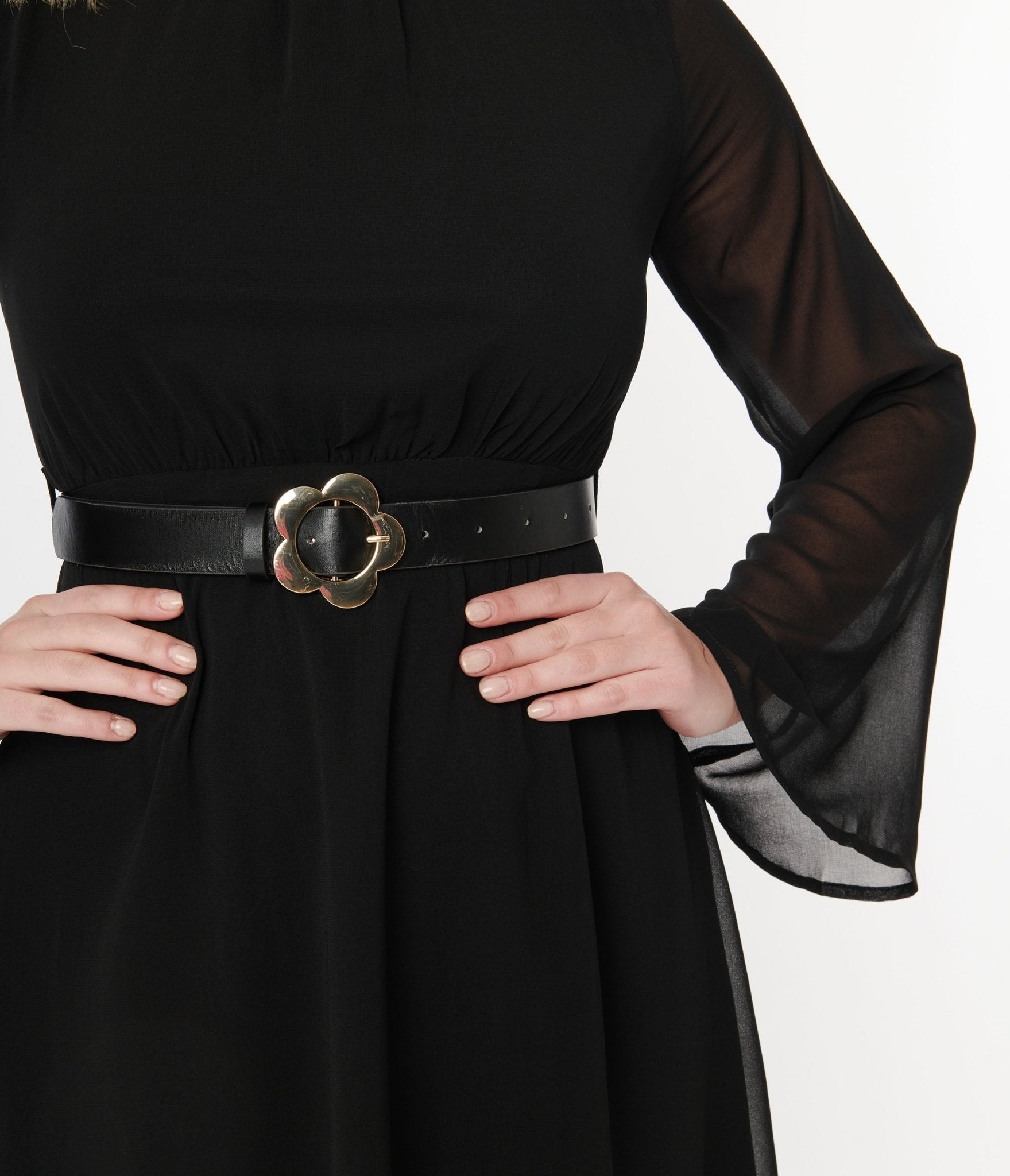  Voodoo Vixen Black Chiffon Belted Flare Dress