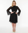  Voodoo Vixen Black Chiffon Belted Flare Dress
