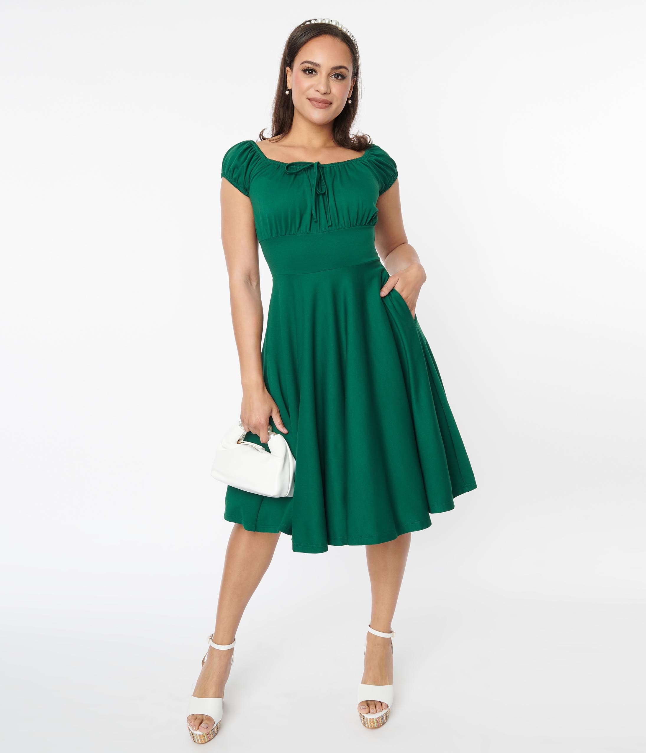  Voodoo Vixen Emerald Green Puff Sleeve Swing Dress