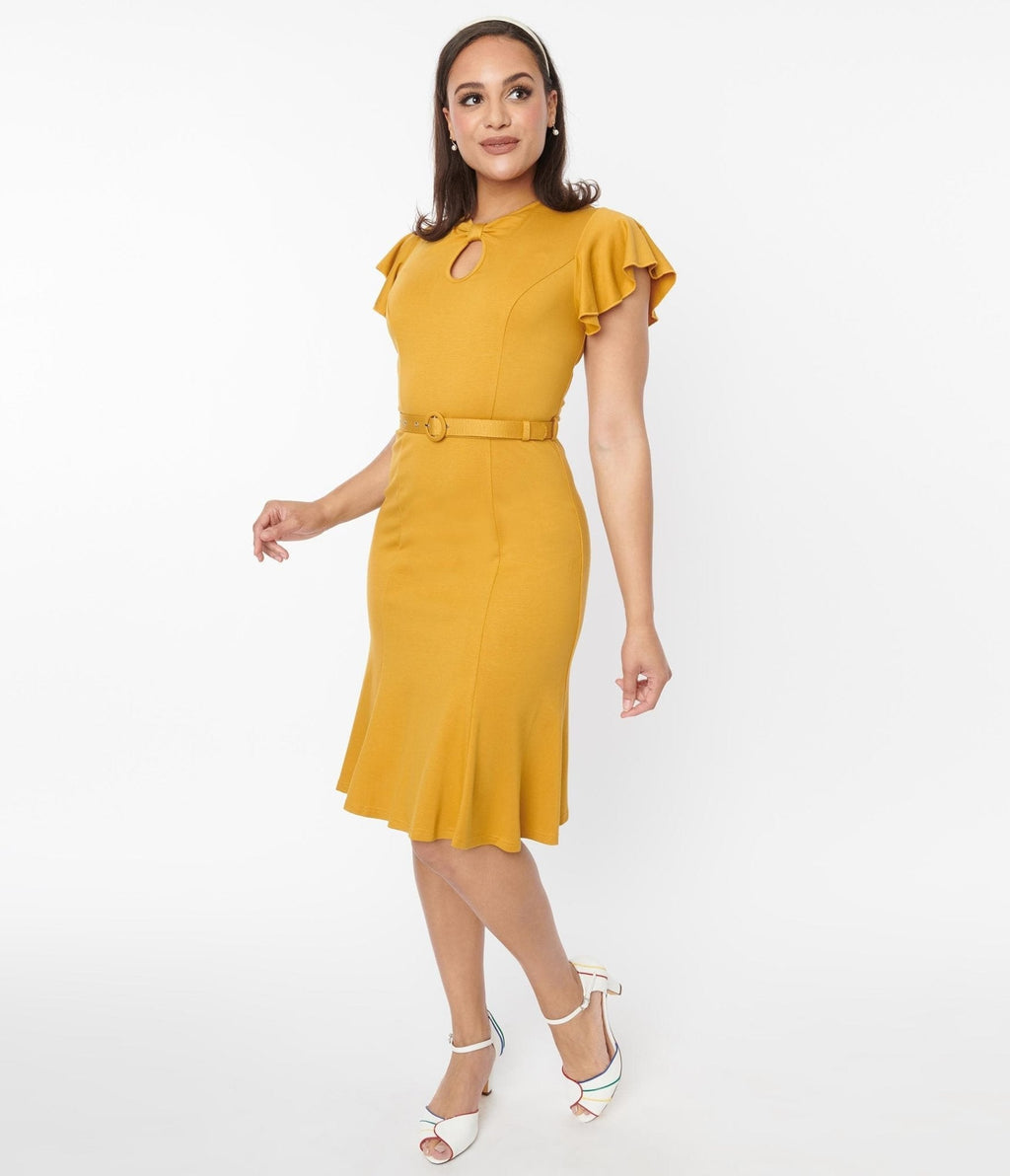  Voodoo Vixen Mustard Flutter Sleeve Fit & Flare Dress