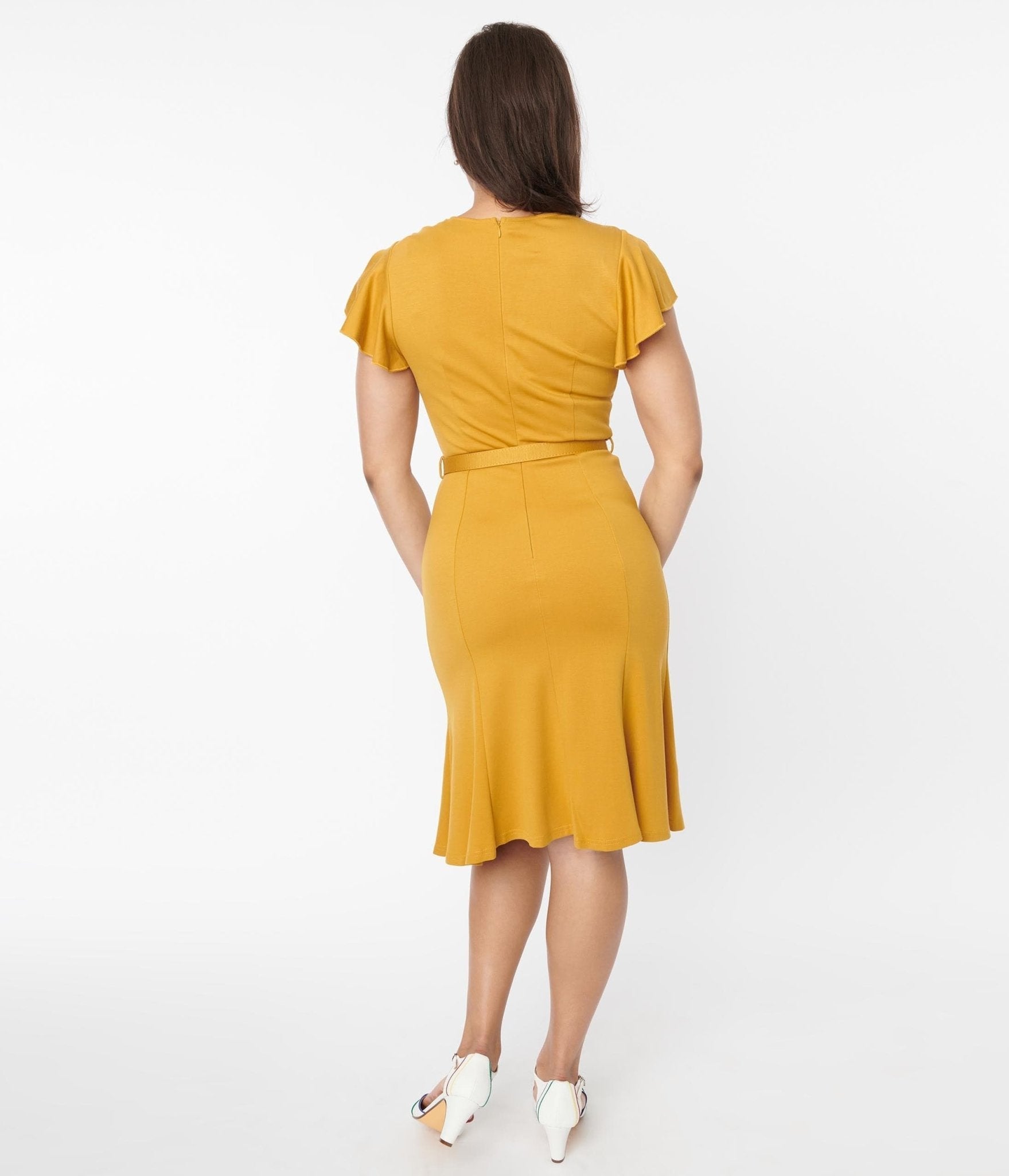  Voodoo Vixen Mustard Flutter Sleeve Fit & Flare Dress