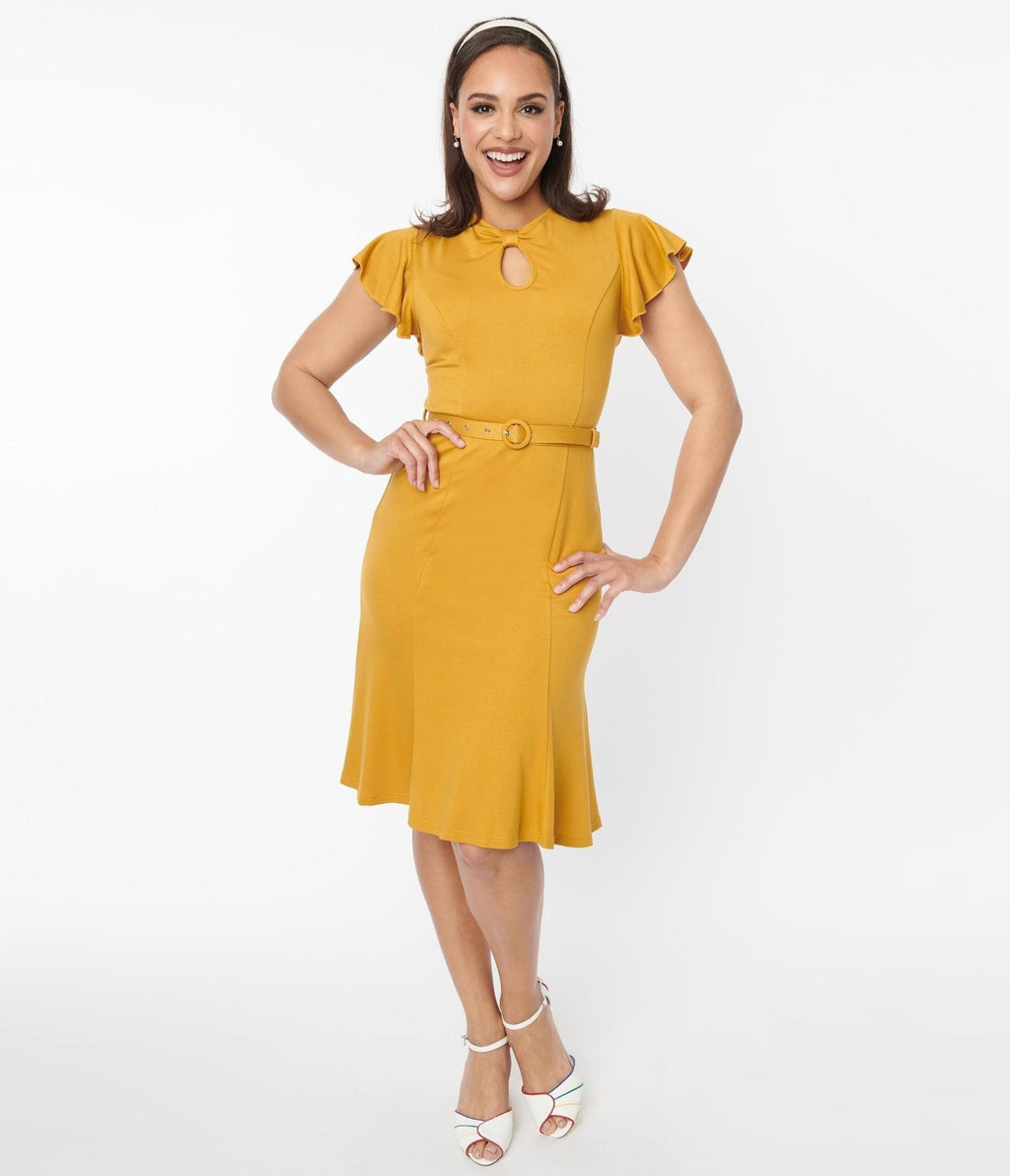  Voodoo Vixen Mustard Flutter Sleeve Fit & Flare Dress