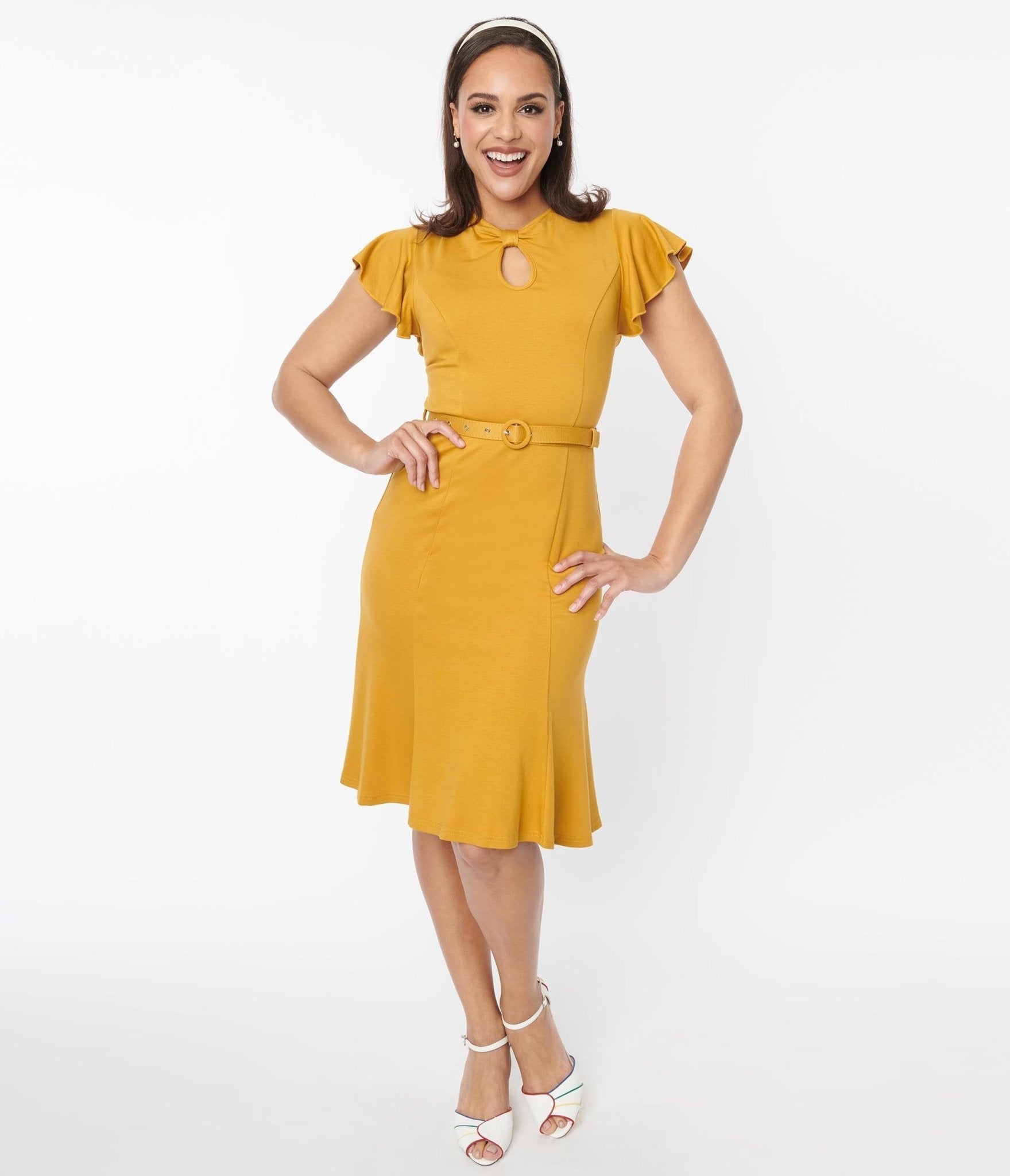  Voodoo Vixen Mustard Flutter Sleeve Fit & Flare Dress