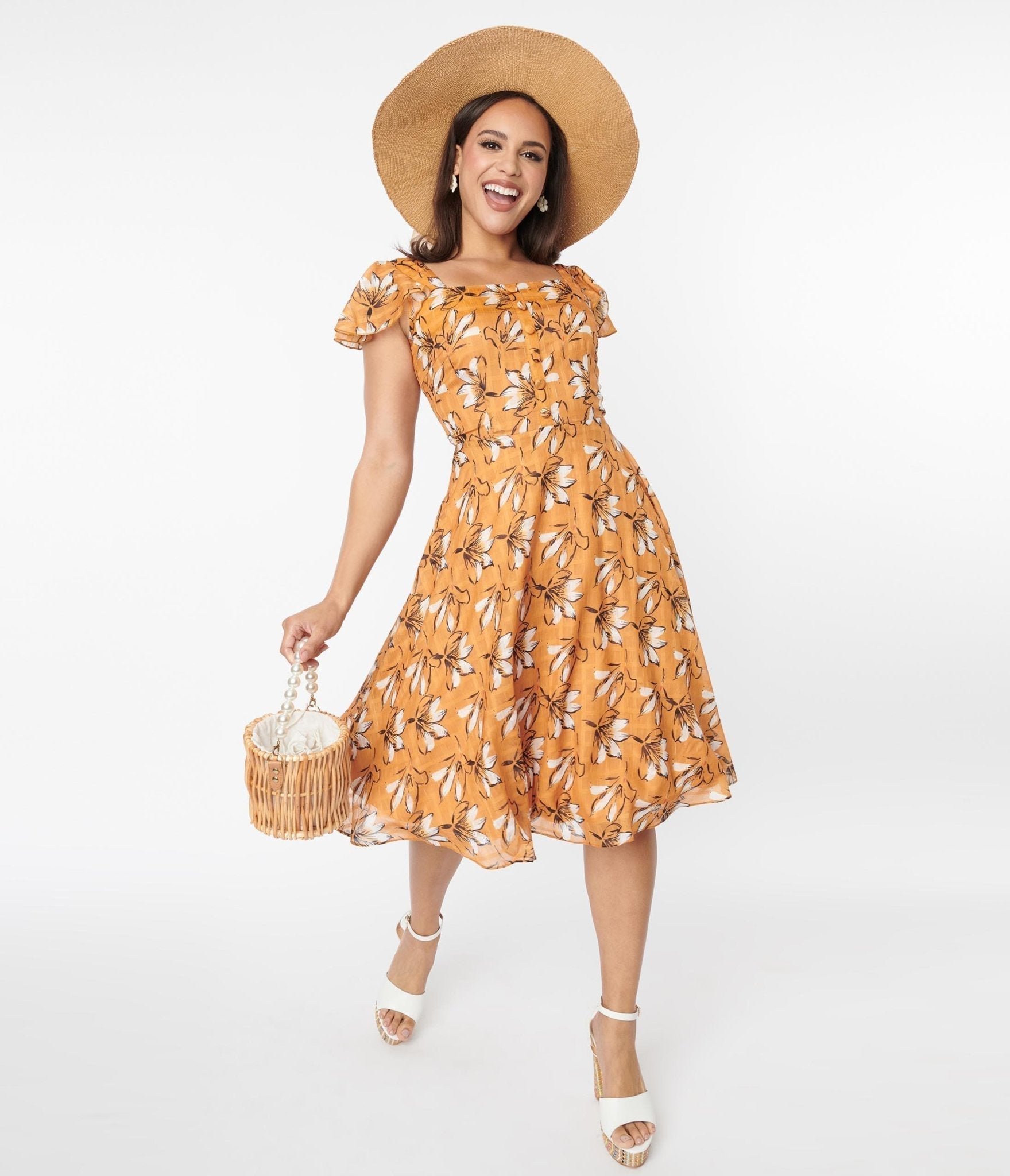  Voodoo Vixen Mustard & White Floral Swing Dress