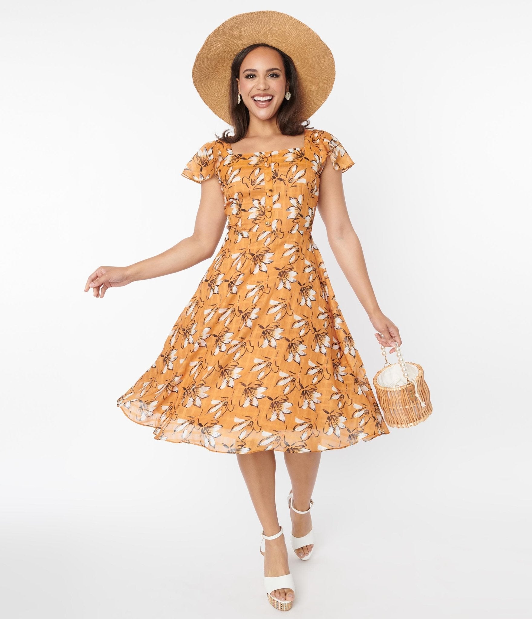  Voodoo Vixen Mustard & White Floral Swing Dress