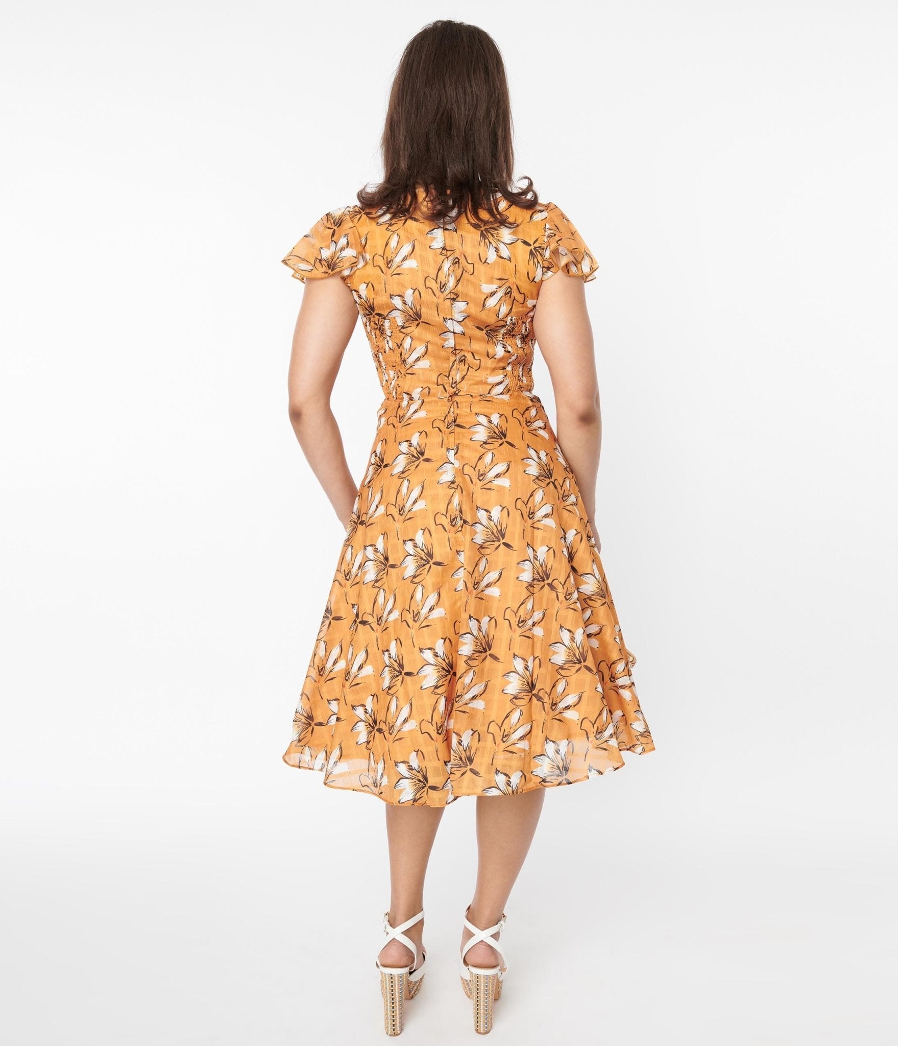 Voodoo Vixen Mustard & White Floral Swing Dress