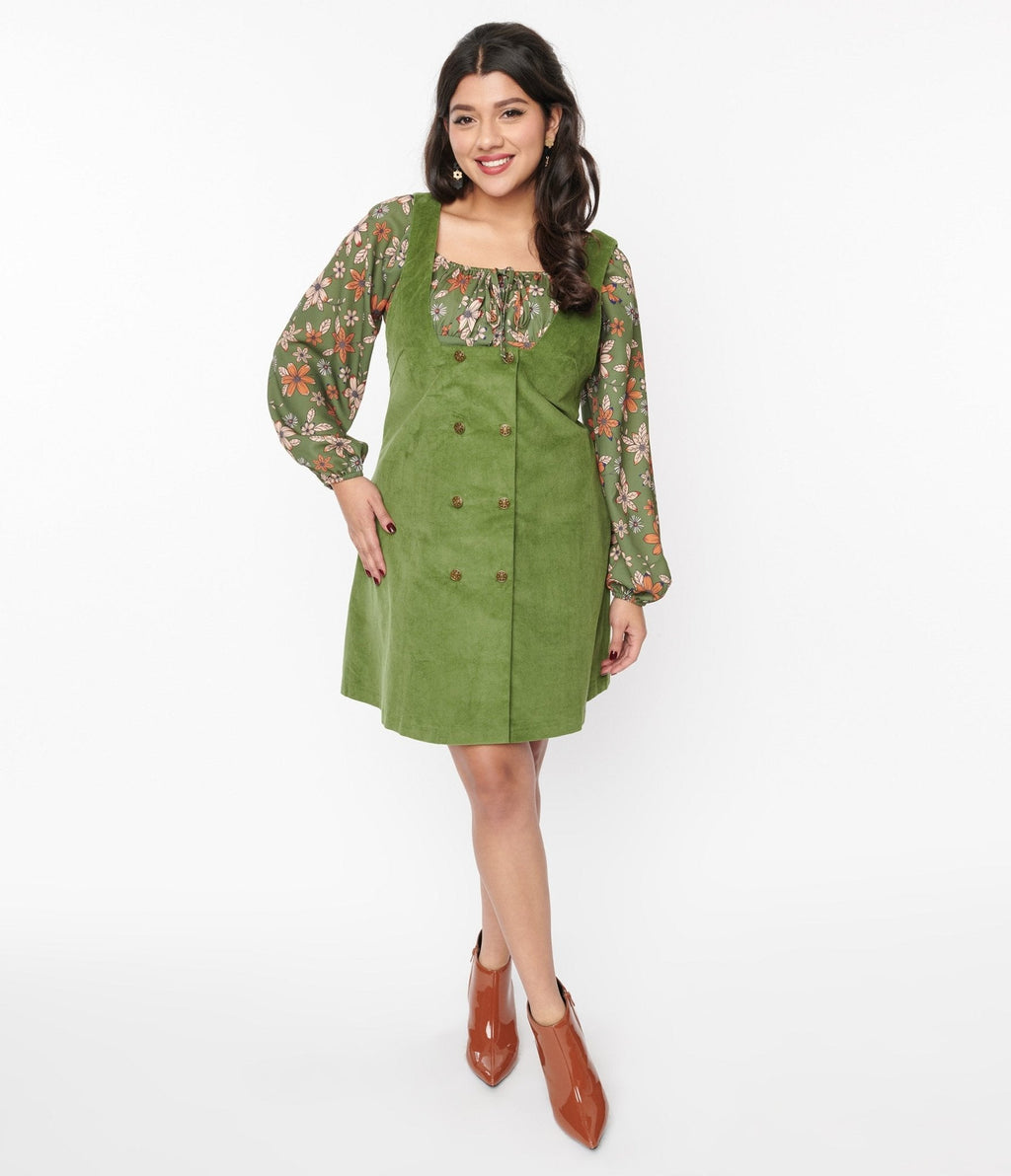  Voodoo Vixen Olive Green Corduroy Pinafore Shift Dress