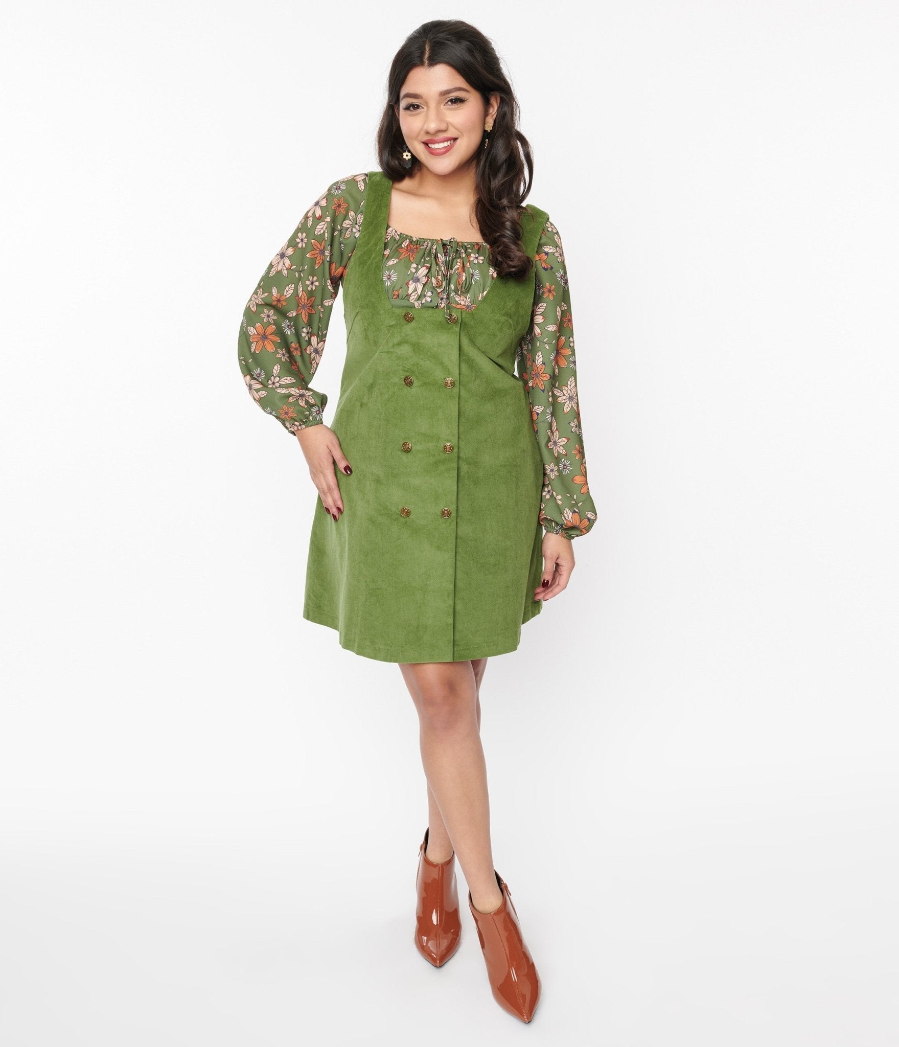 Voodoo Vixen Olive Green Corduroy Pinafore Shift Dress