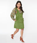  Voodoo Vixen Olive Green Corduroy Pinafore Shift Dress