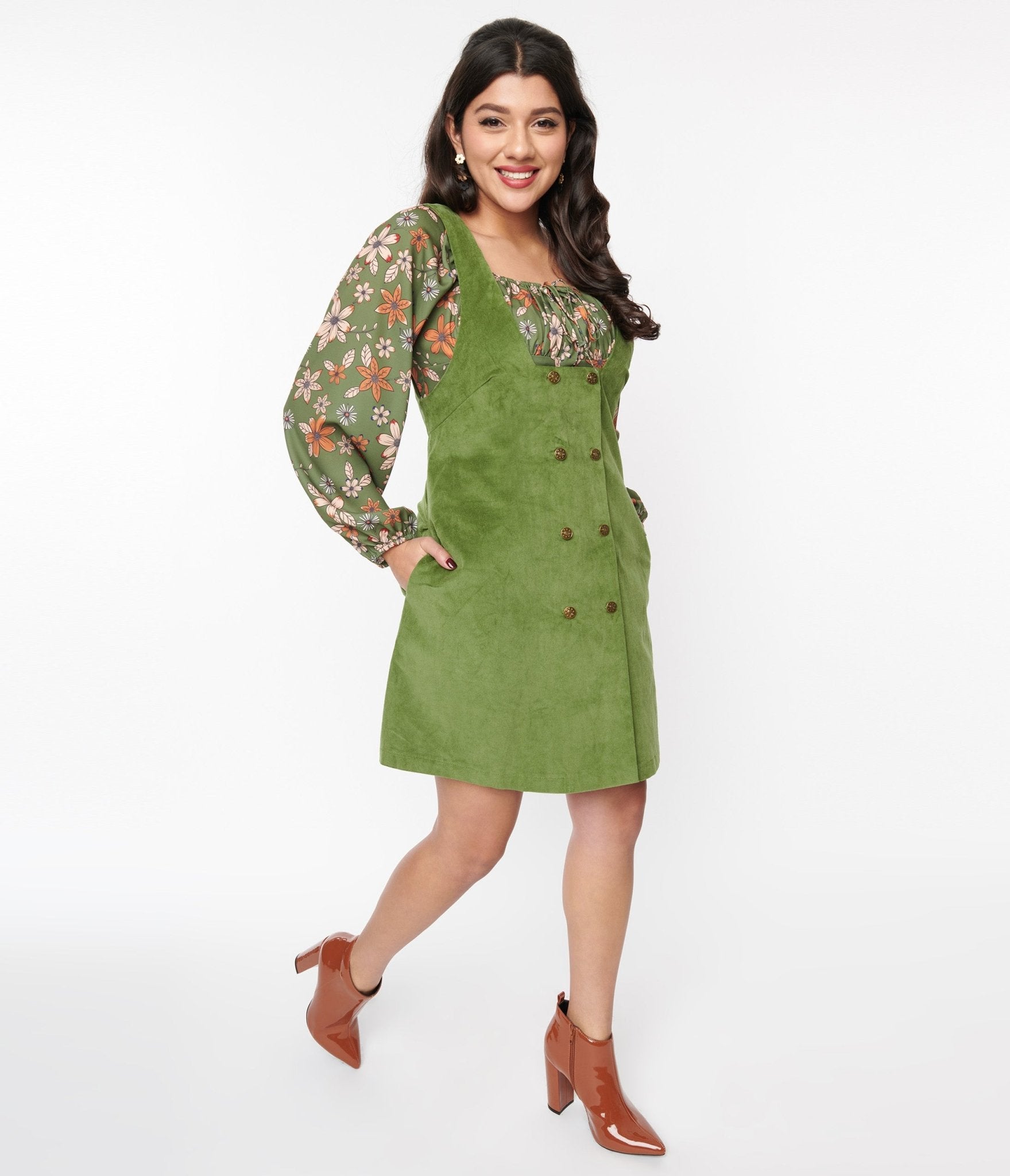  Voodoo Vixen Olive Green Corduroy Pinafore Shift Dress