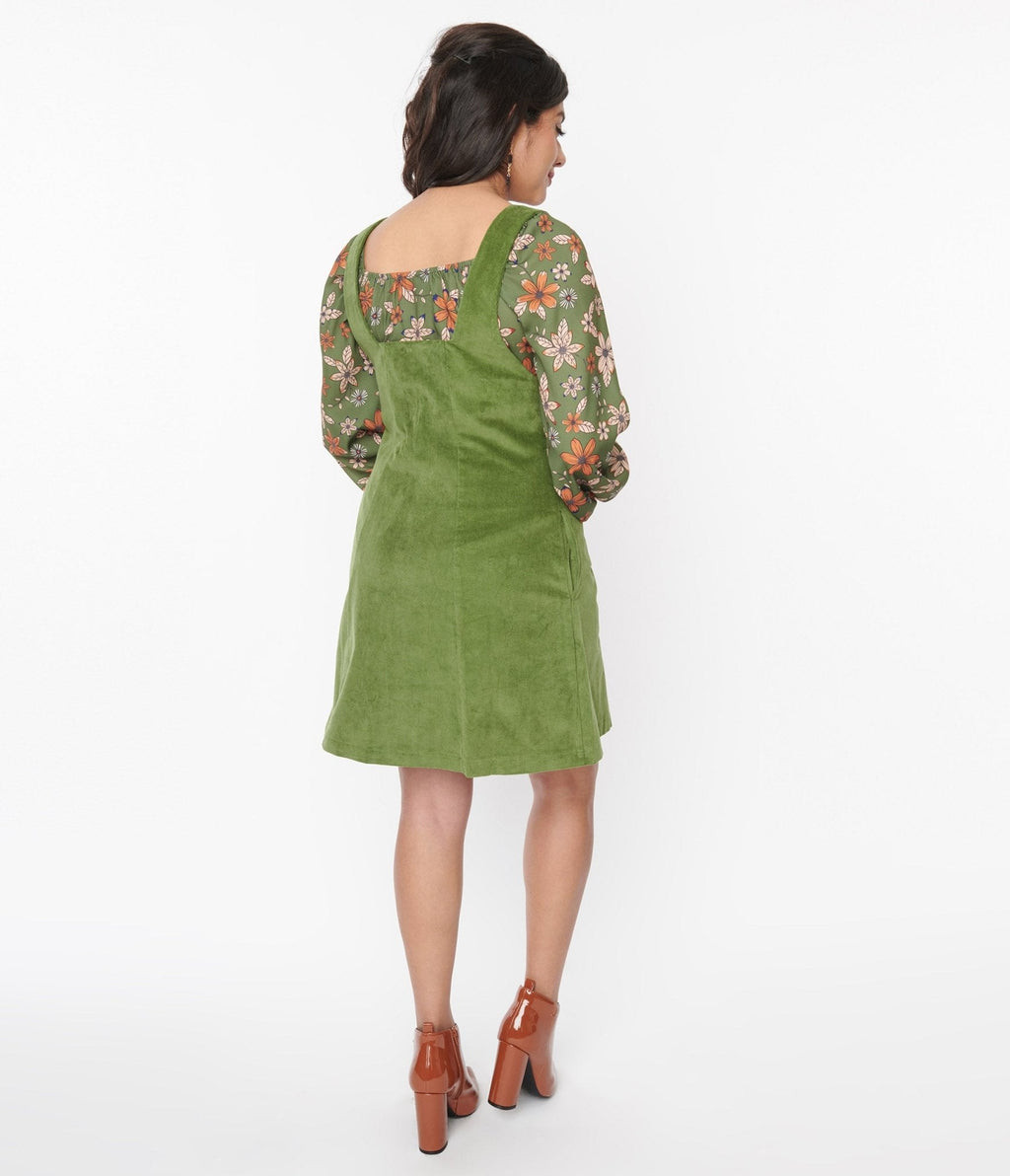  Voodoo Vixen Olive Green Corduroy Pinafore Shift Dress