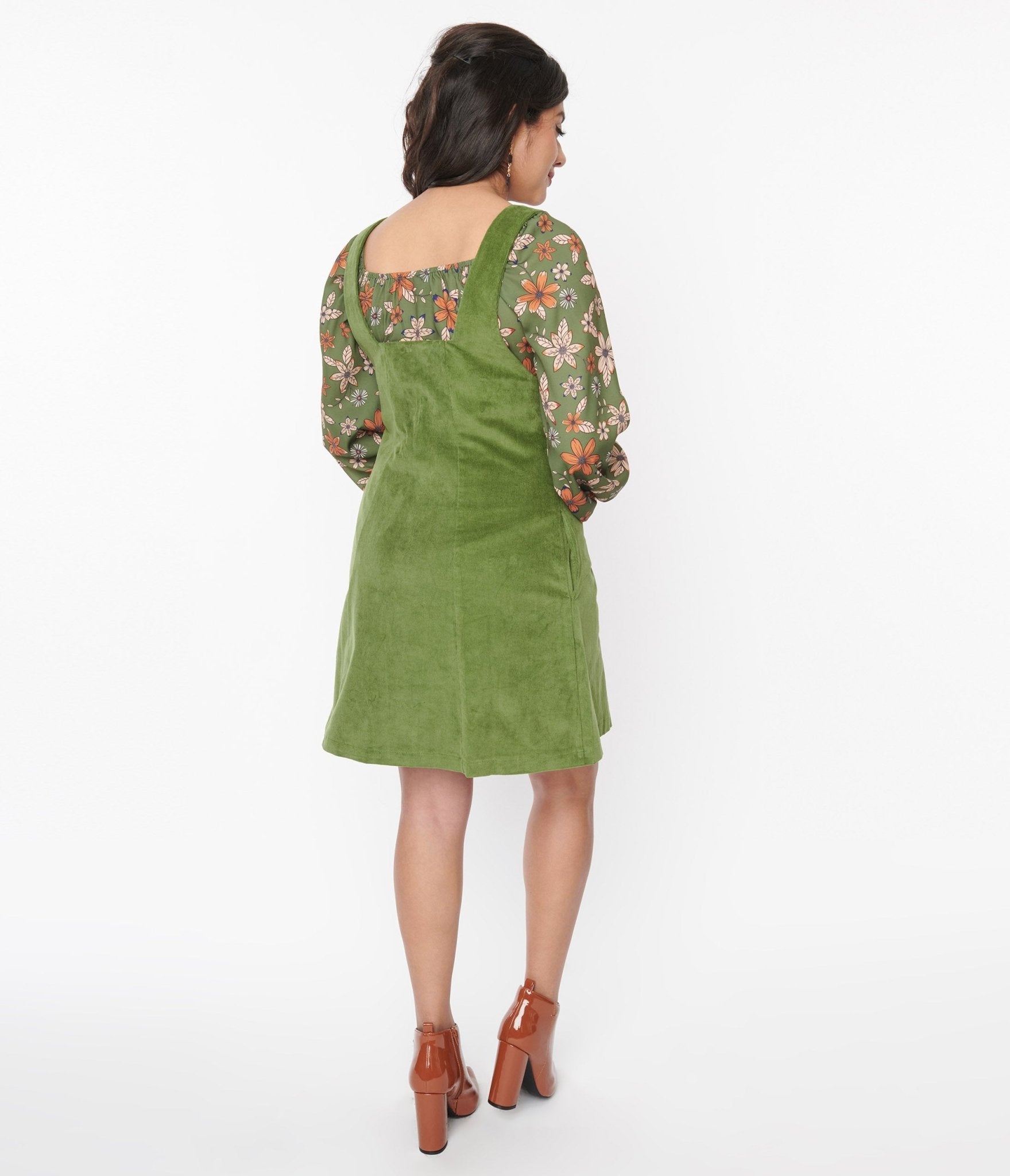  Voodoo Vixen Olive Green Corduroy Pinafore Shift Dress