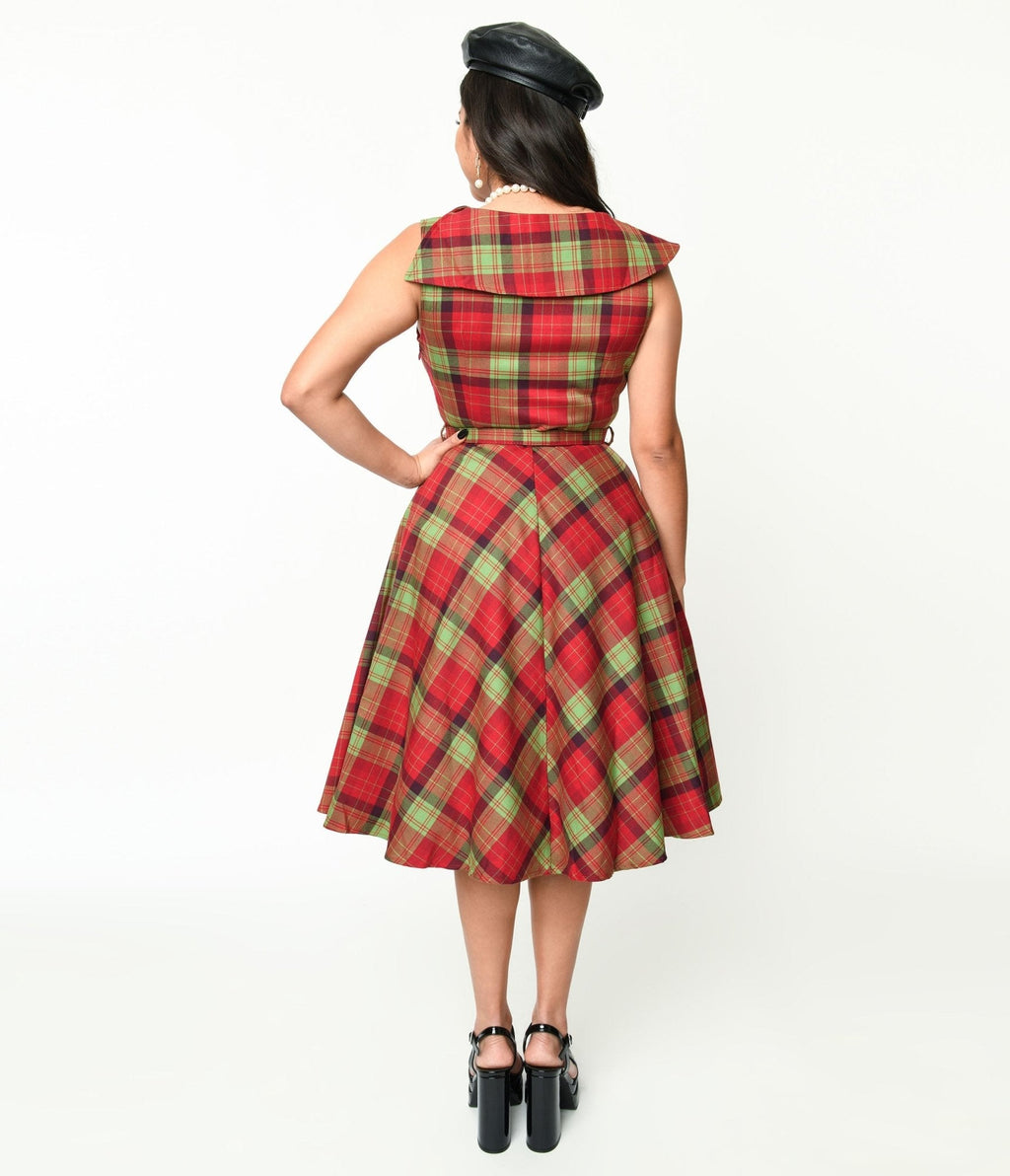  Voodoo Vixen Red & Green Plaid Belted Swing Dress