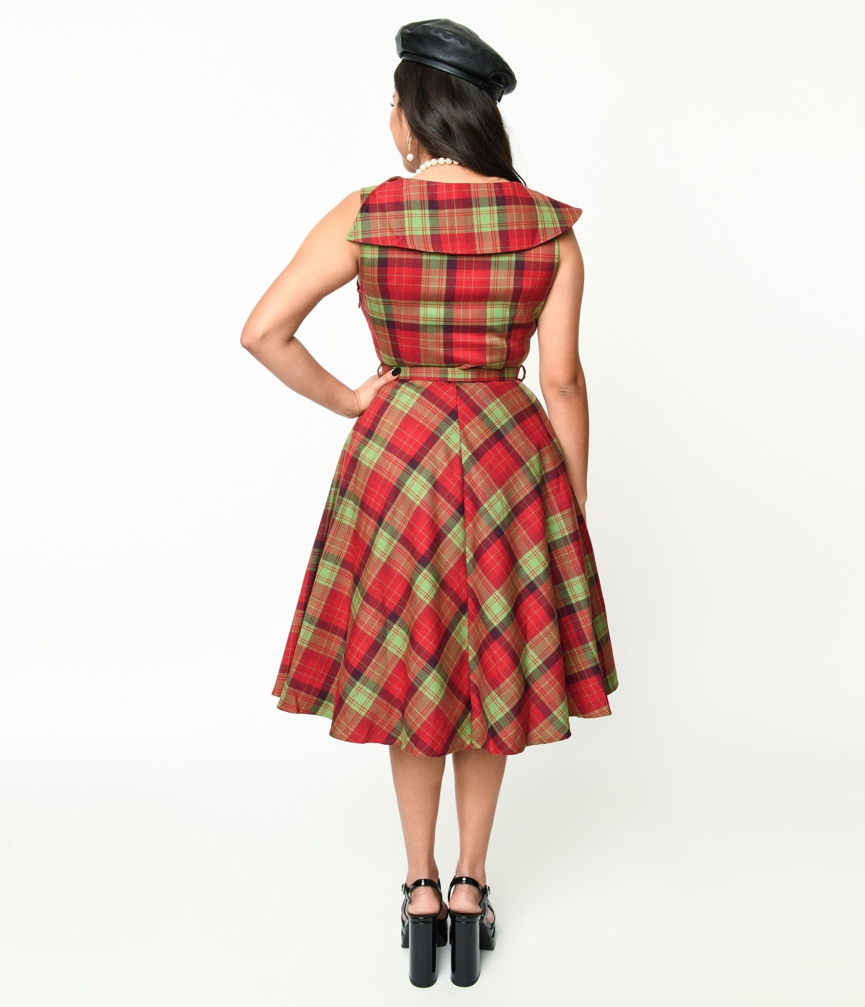  Voodoo Vixen Red & Green Plaid Belted Swing Dress