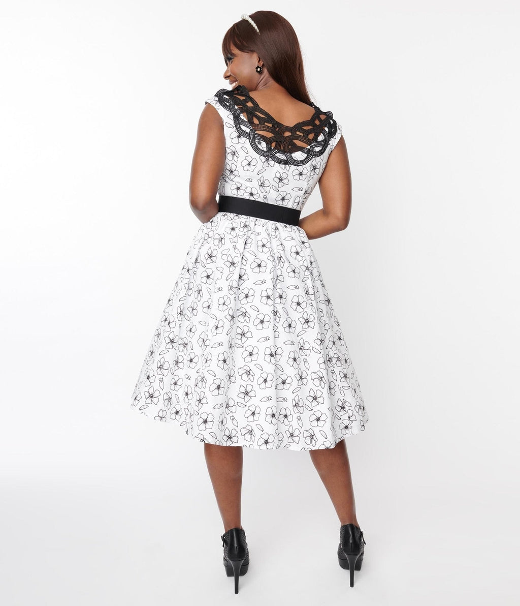  White & Black Floral Belted Swing Dress