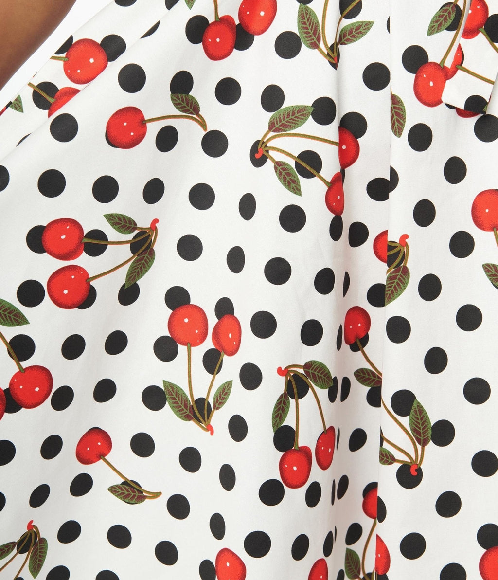  White & Black Polka Dot Cherries Swing Dress