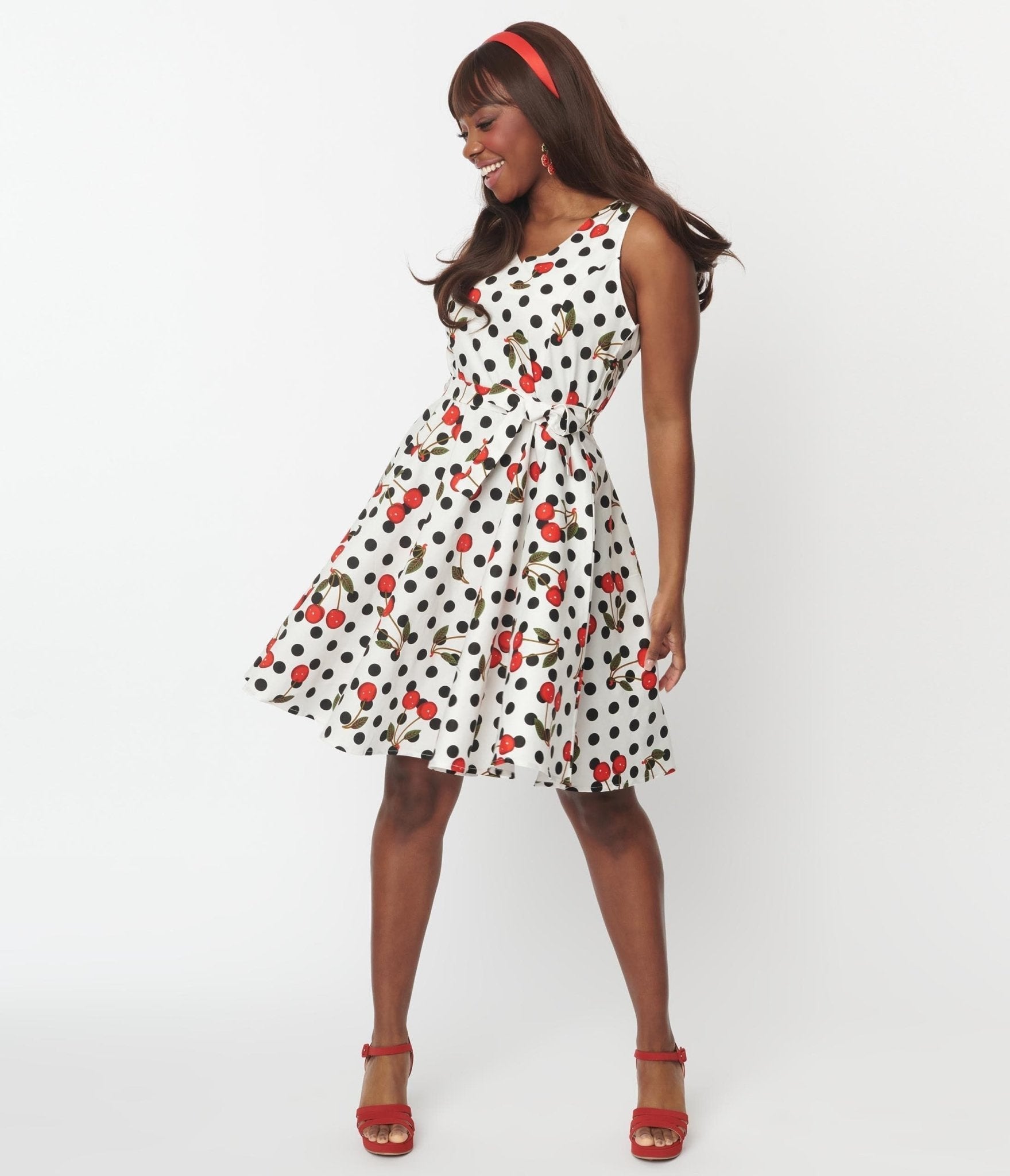  White & Black Polka Dot Cherries Swing Dress