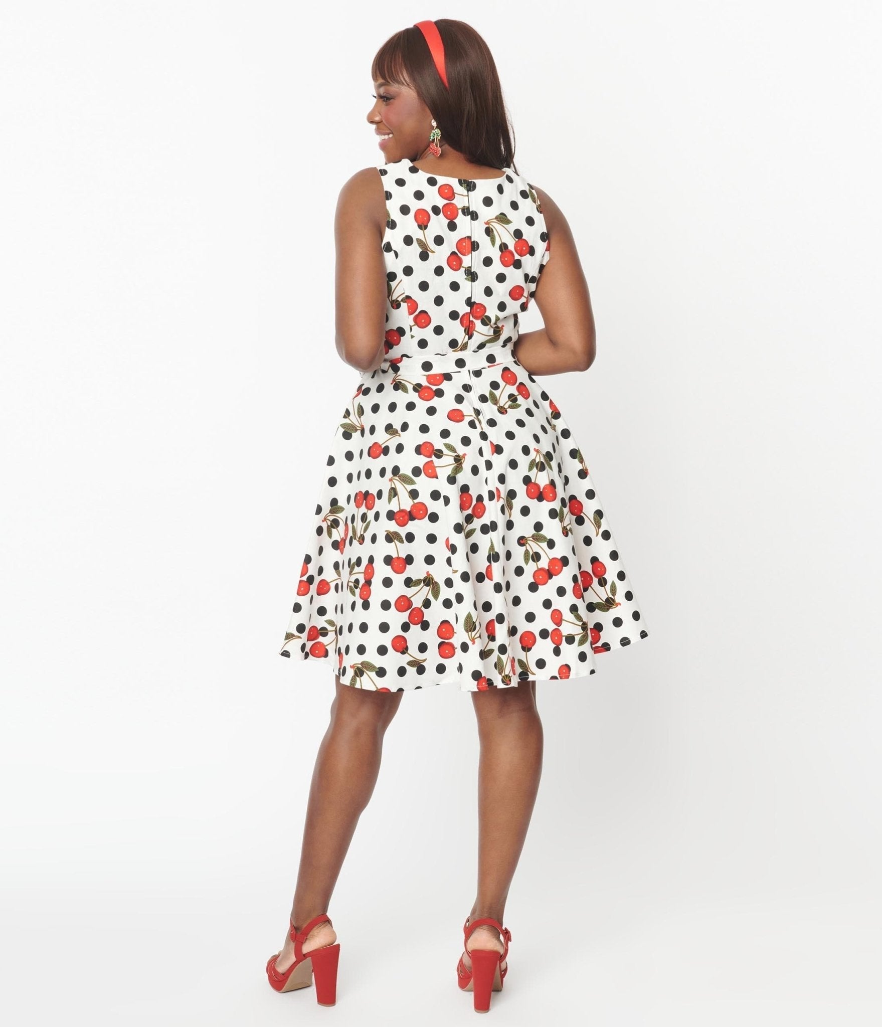  White & Black Polka Dot Cherries Swing Dress