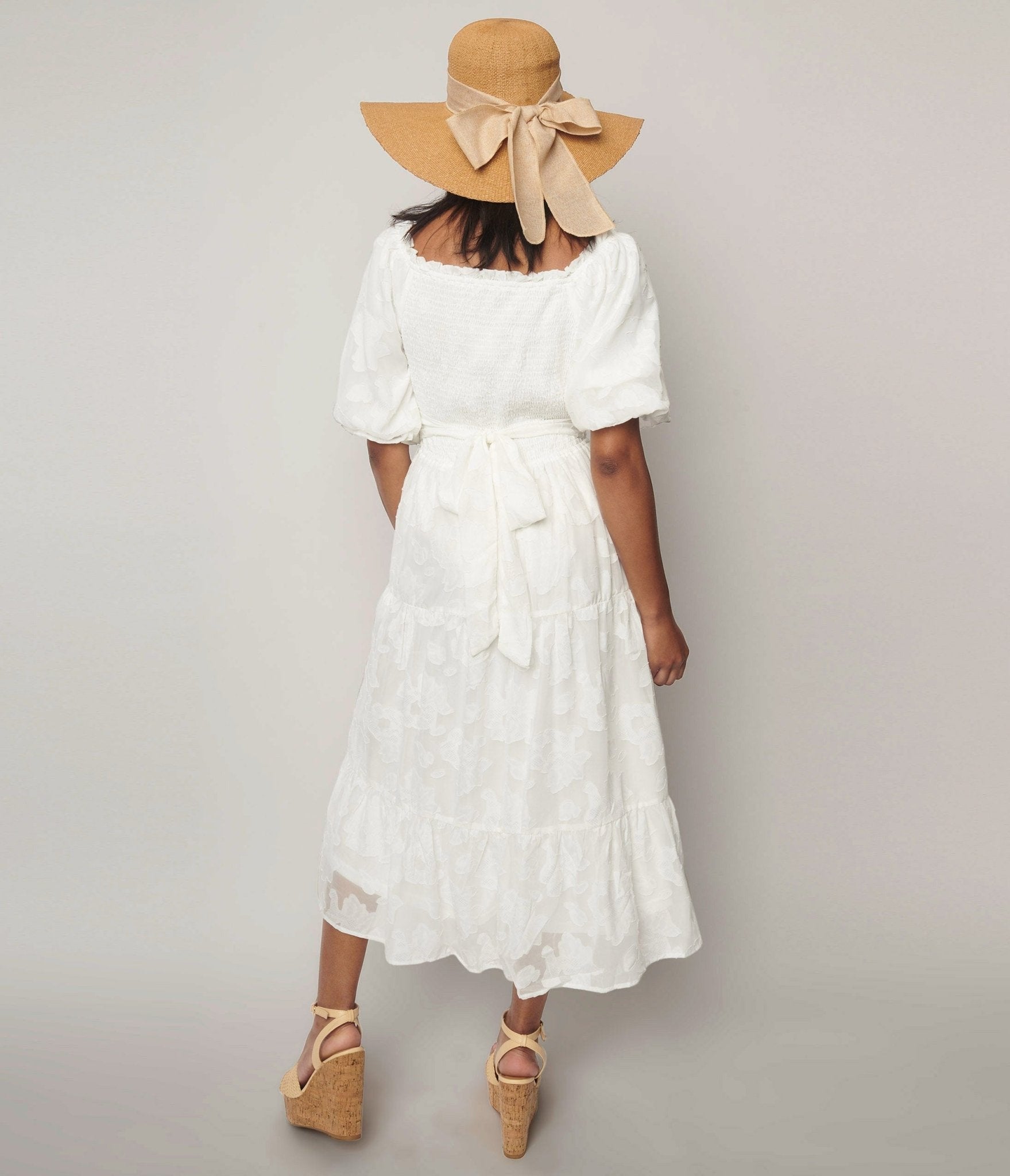 White Burnout Floral Smocked Midi Dress
