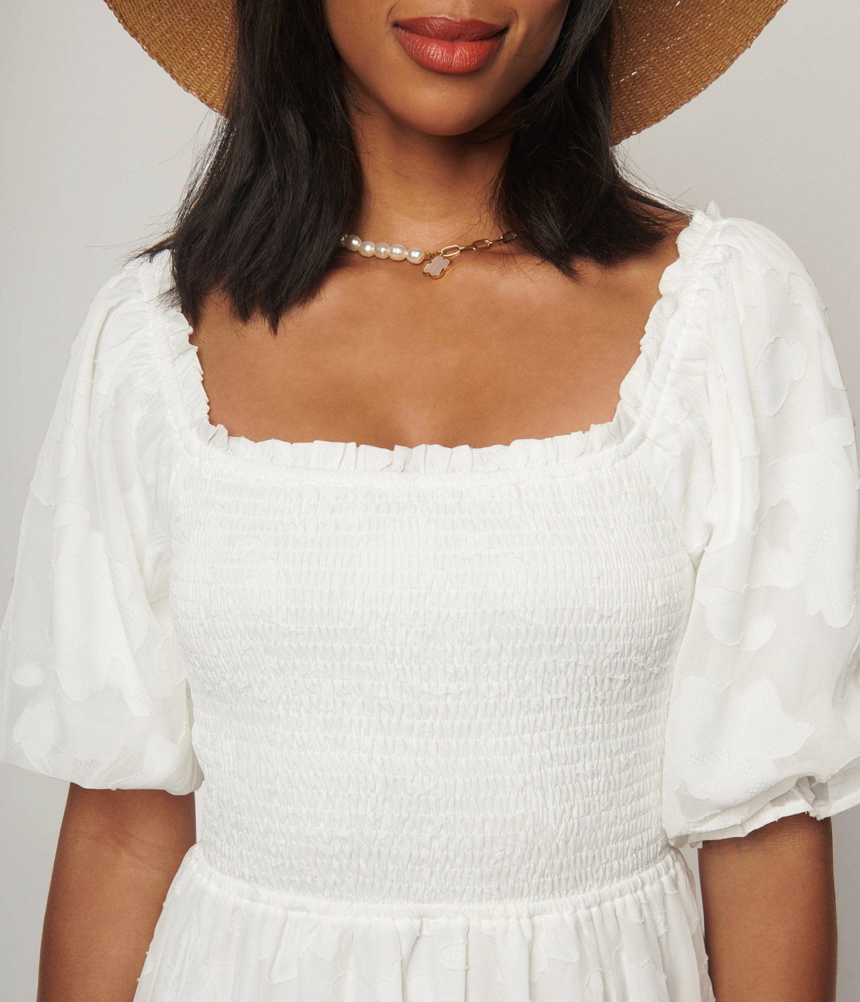  White Burnout Floral Smocked Midi Dress