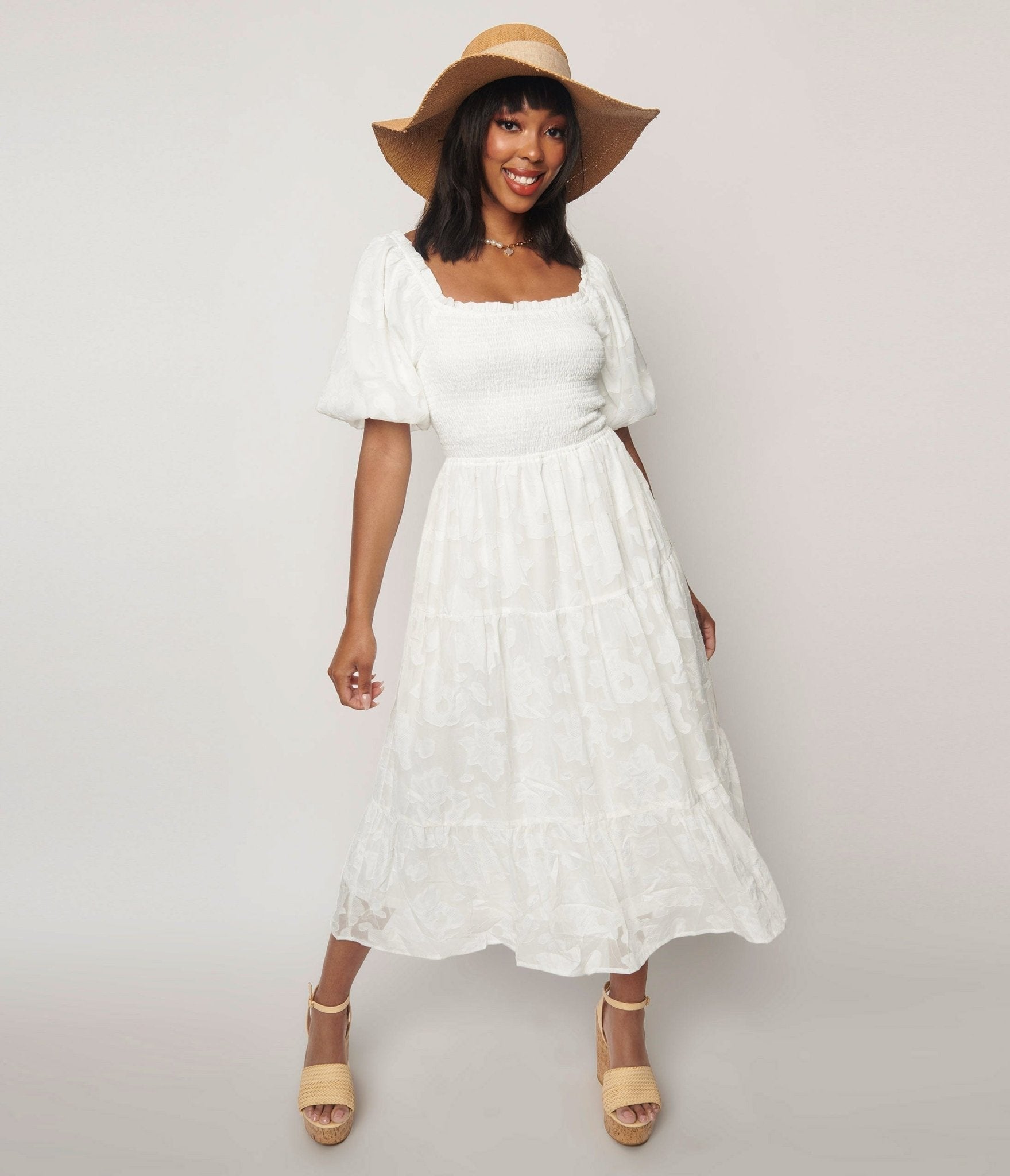  White Burnout Floral Smocked Midi Dress