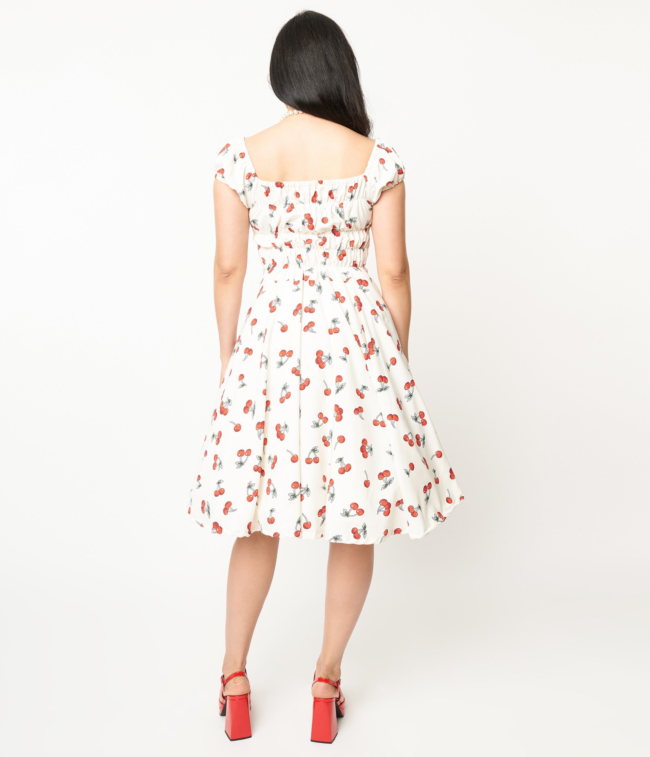  White & Cherry Print Off The Shoulder Swing Dress