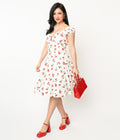  White & Cherry Print Off The Shoulder Swing Dress