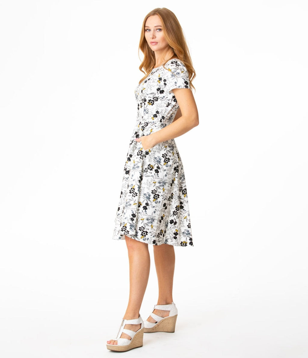  White Floral Bee Print Swing Dress
