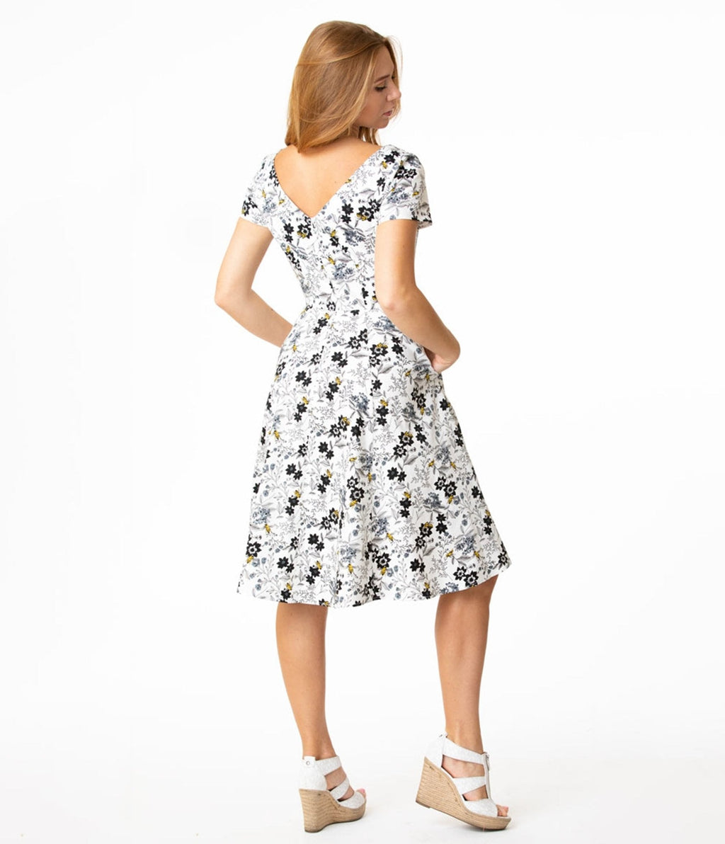  White Floral Bee Print Swing Dress
