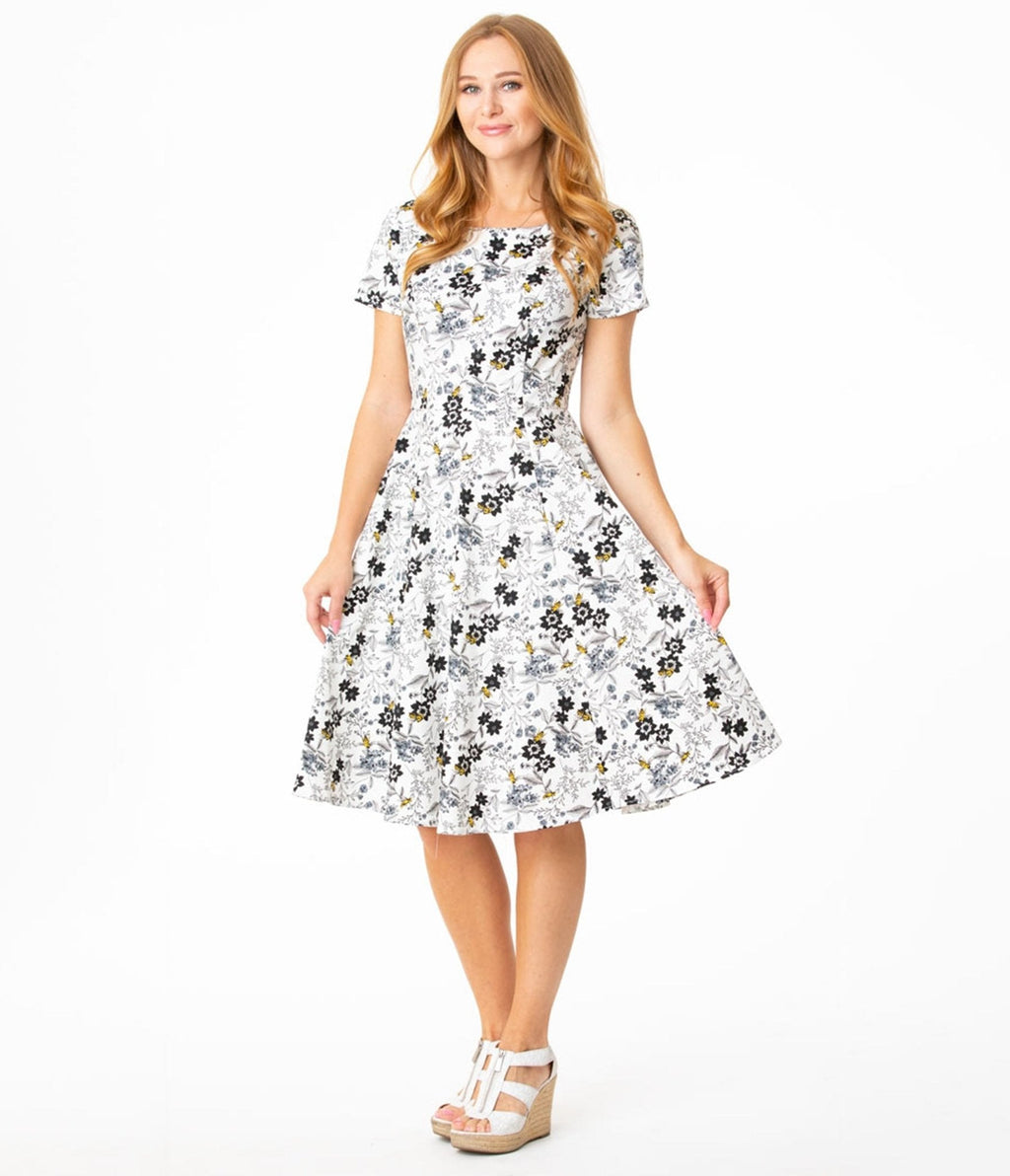  White Floral Bee Print Swing Dress