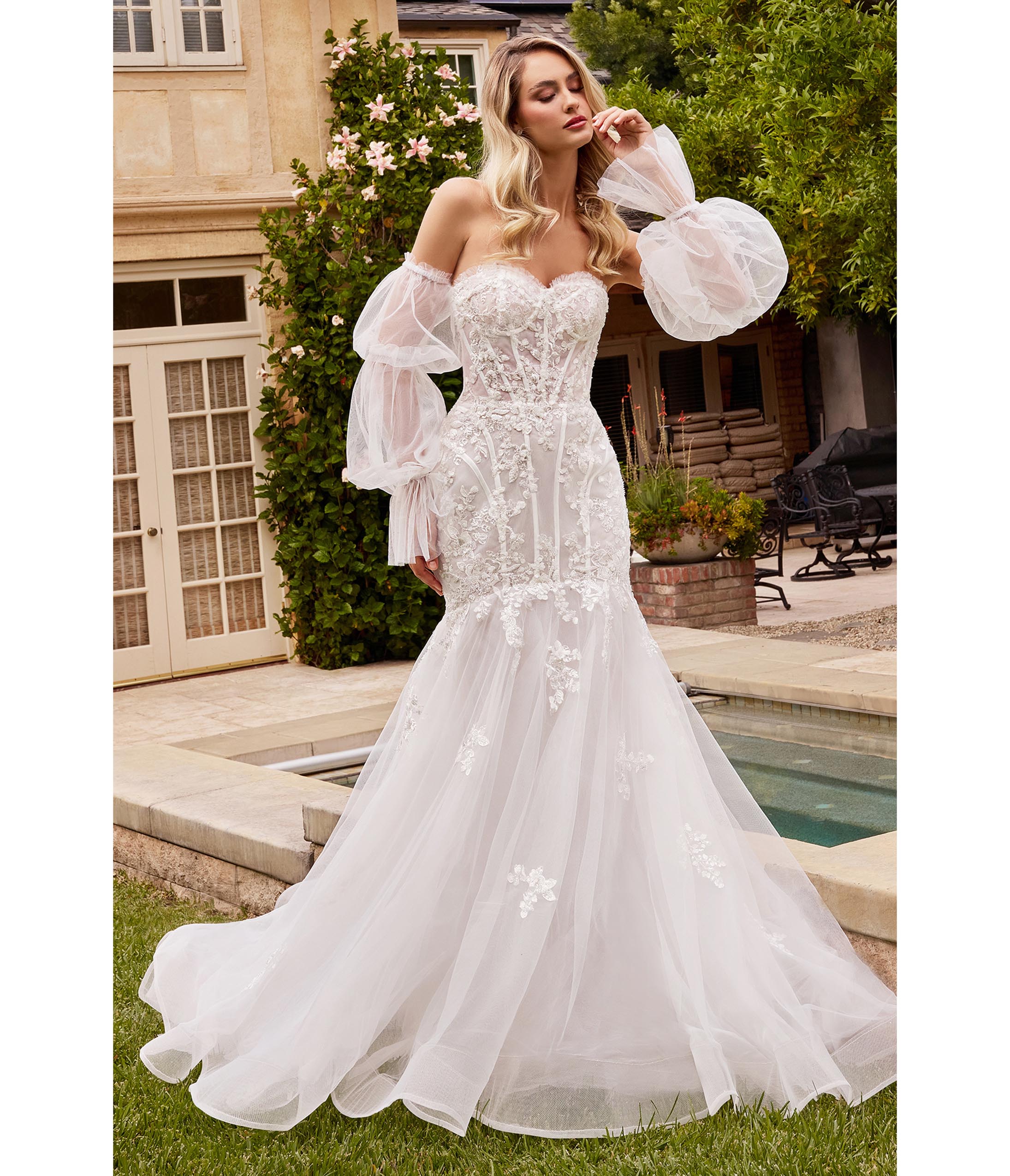  Cinderella Divine White Floral Organza Bridal Mermaid Gown