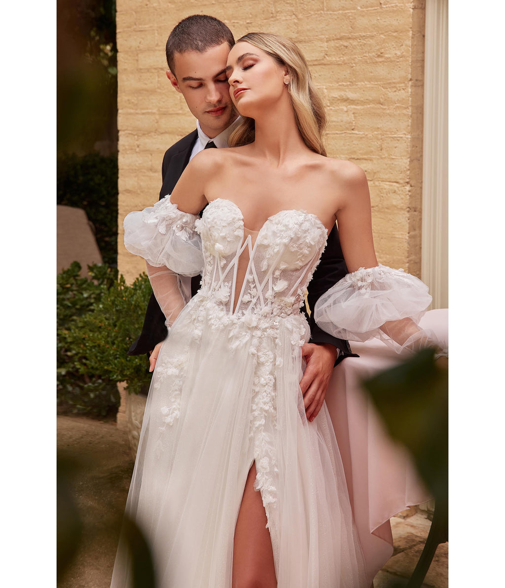  Cinderella Divine White Floral Tulle A-Line Bridal Ball Gown