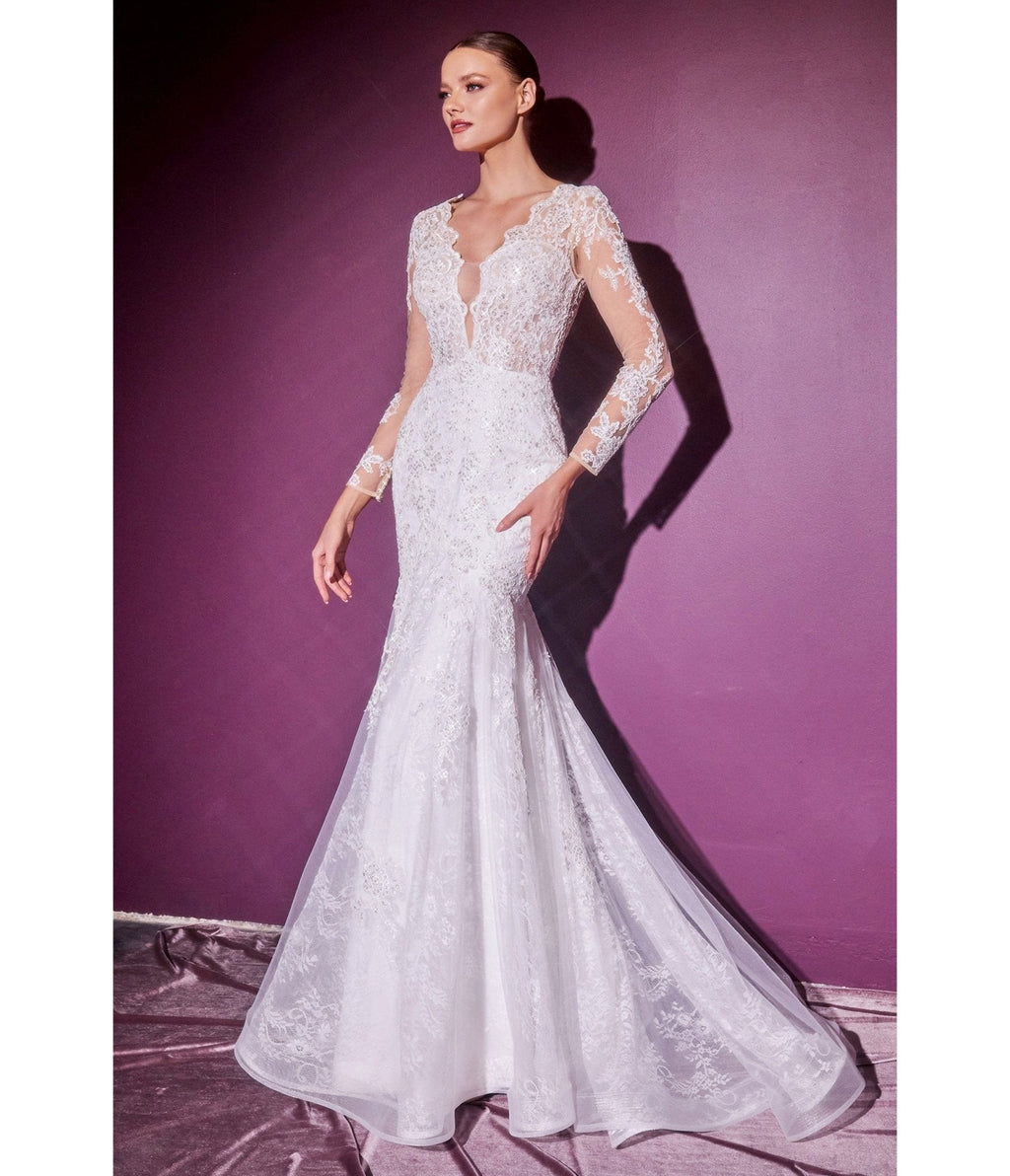  Cinderella Divine White Lace Long Sleeve Mermaid Bridal Gown