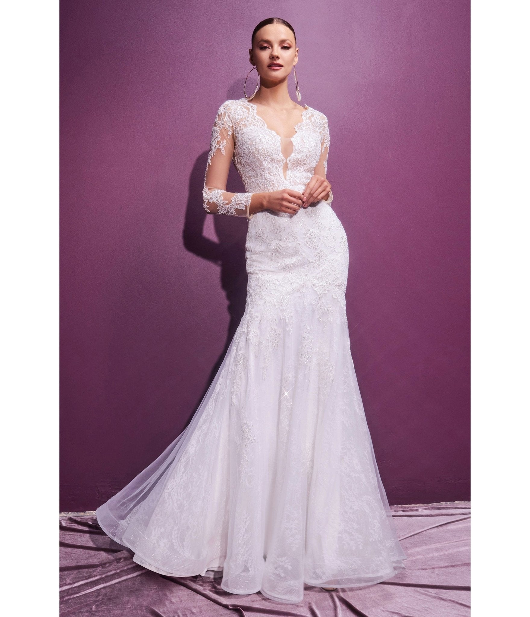  Cinderella Divine White Lace Long Sleeve Mermaid Bridal Gown