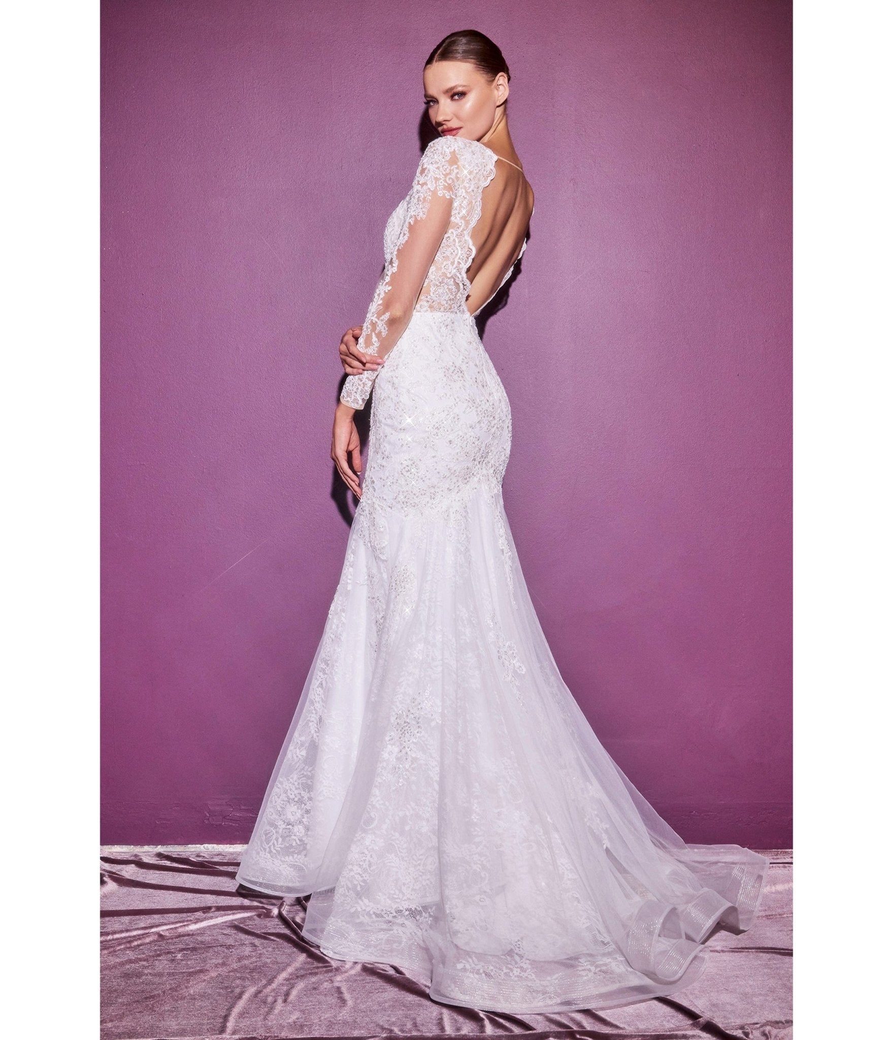  Cinderella Divine White Lace Long Sleeve Mermaid Bridal Gown