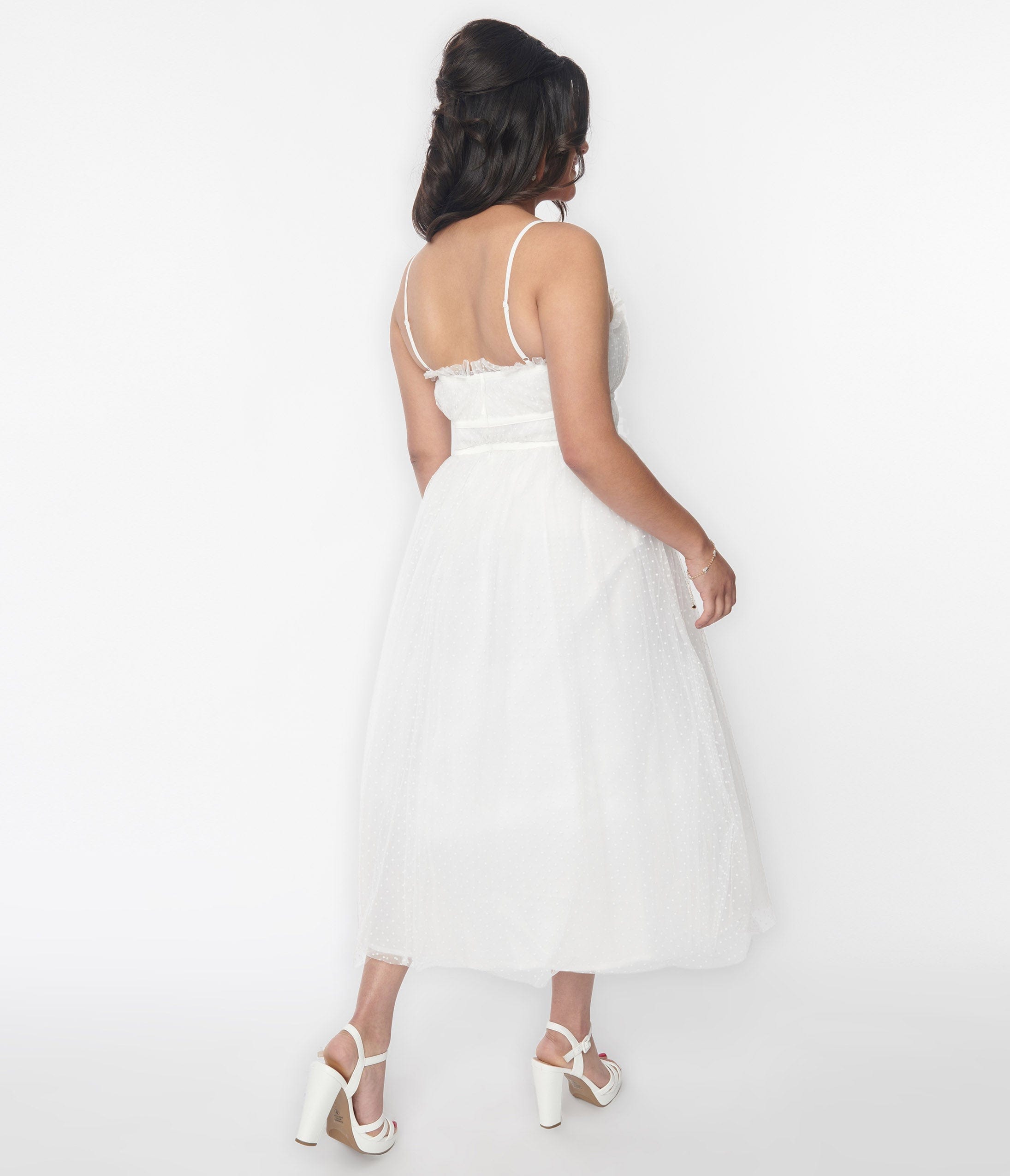  White Polka Dot Tulle Midi Dress