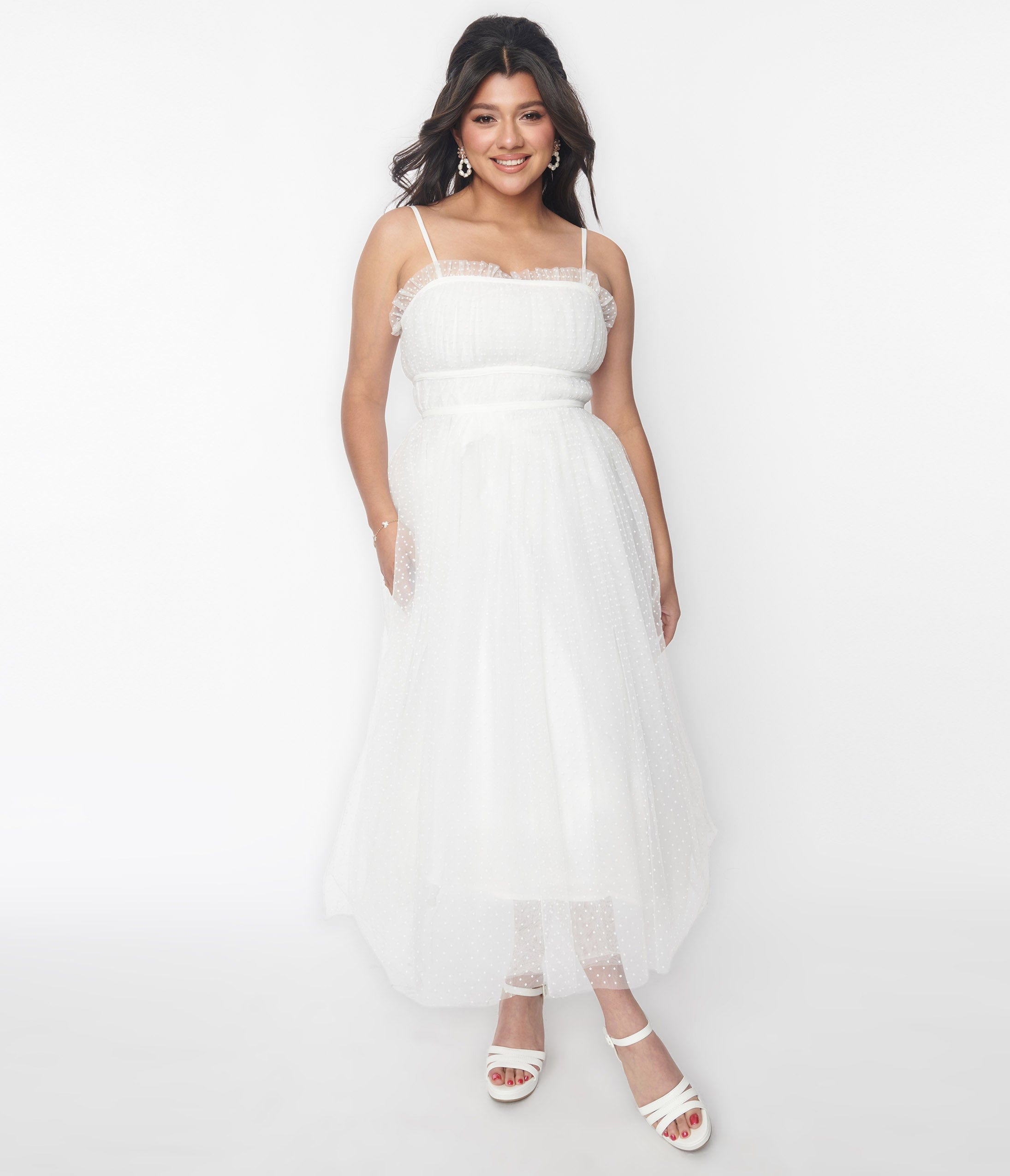  White Polka Dot Tulle Midi Dress