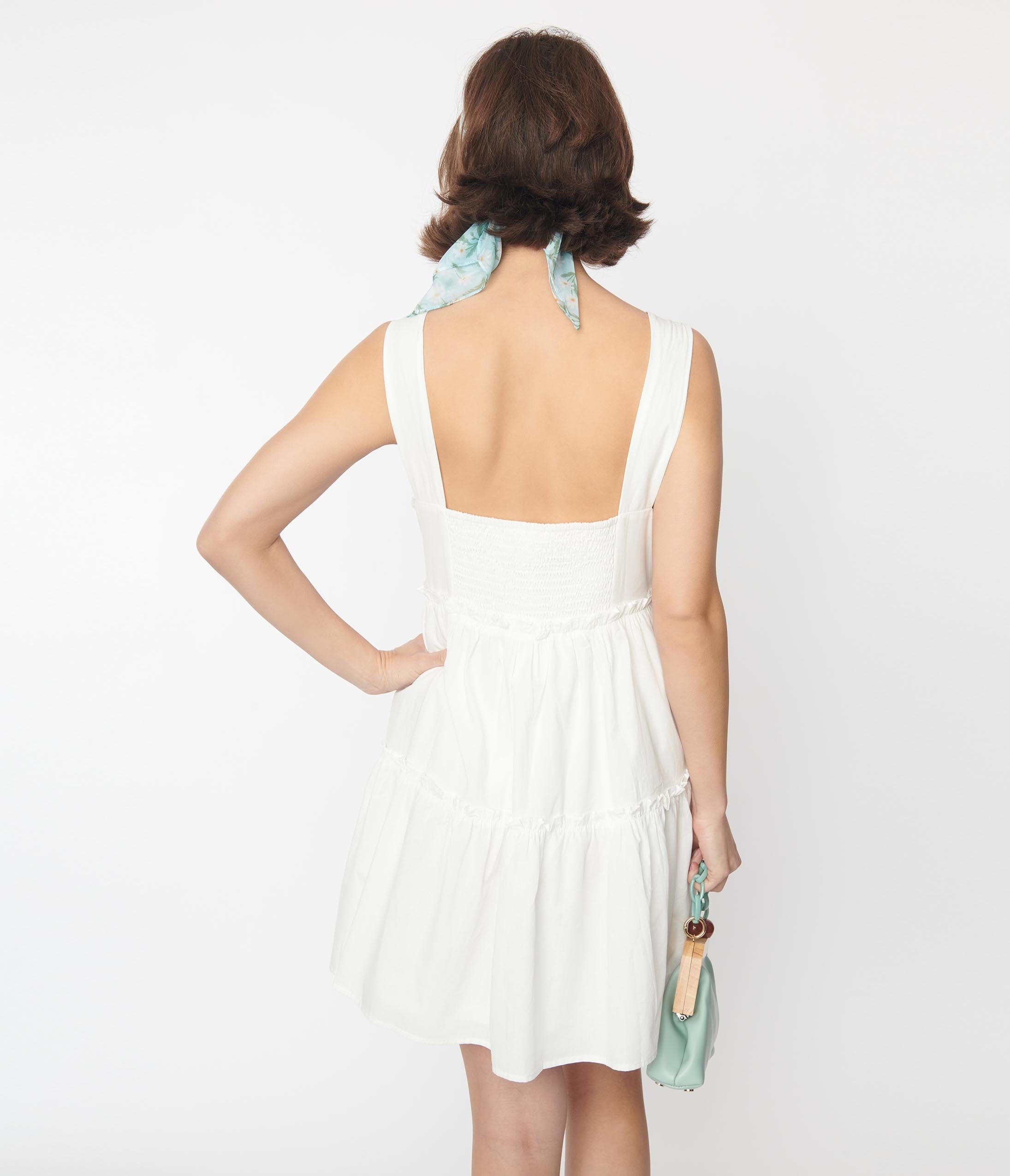 White Ruffle Trim Tiered Mini Dress