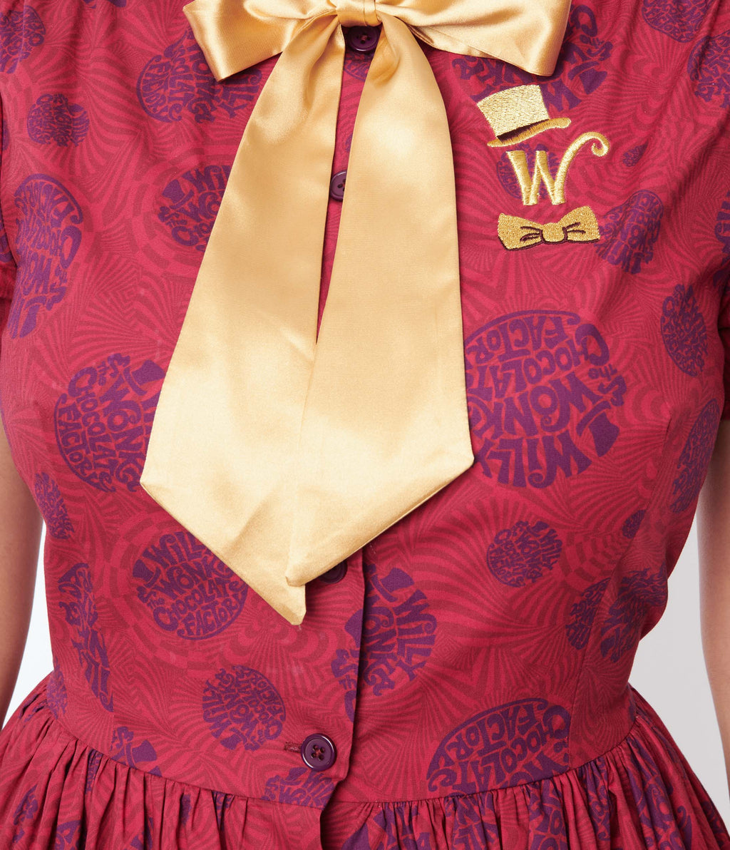  Willy Wonka X Unique Vintage Berry Swirls & Gold Bow Swing Dress