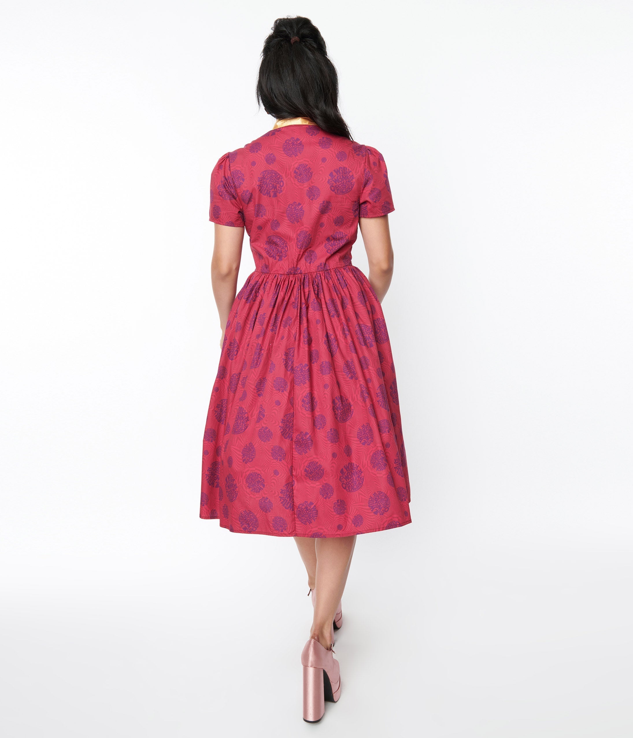  Willy Wonka X Unique Vintage Berry Swirls & Gold Bow Swing Dress